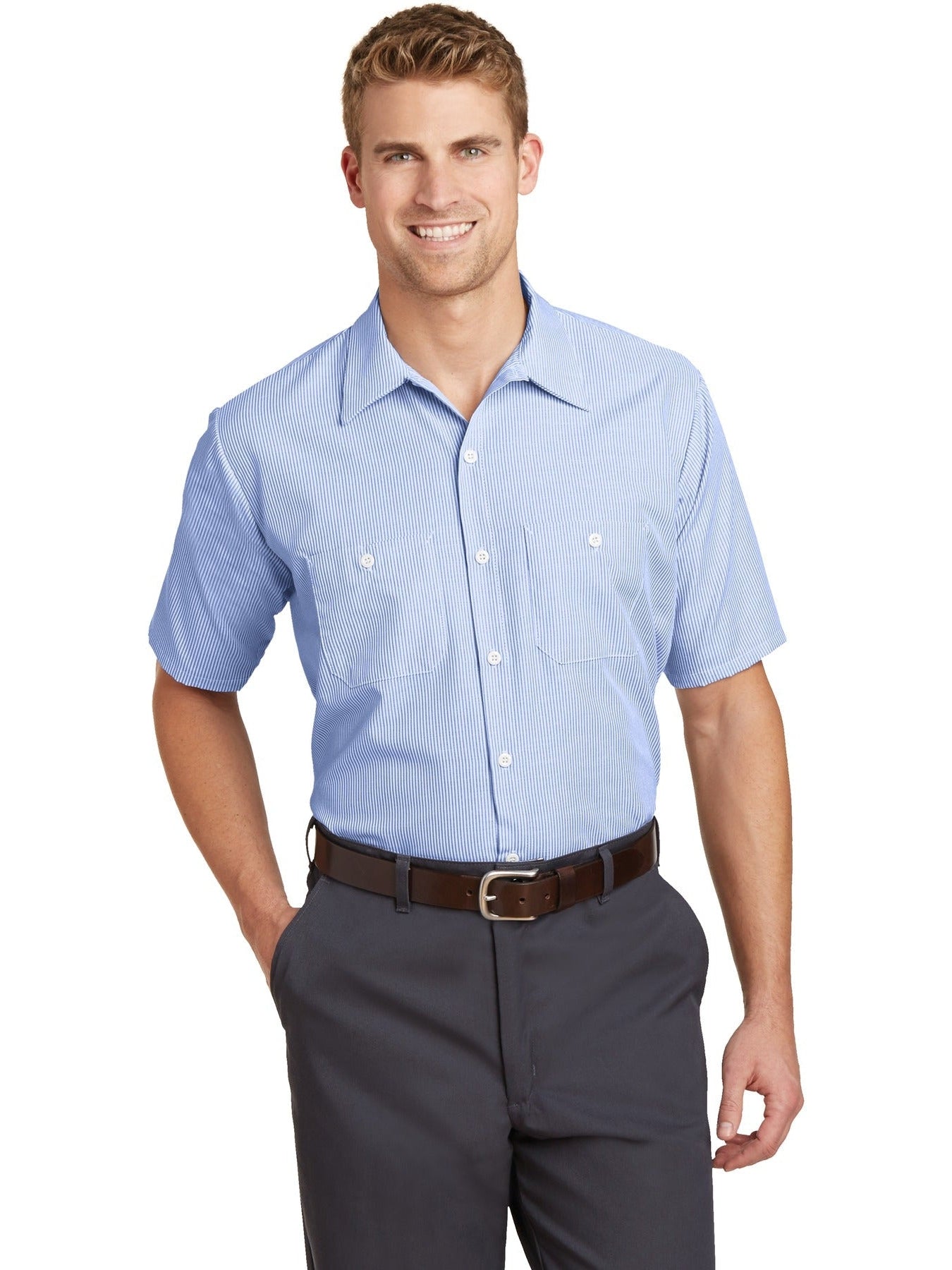 no-logo Red Kap Short Sleeve Striped Industrial Work Shirt-Regular-Red Kap-White/Blue-S-Thread Logic
