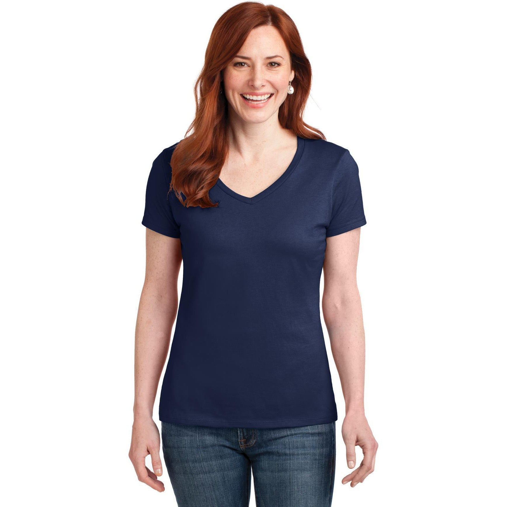 no-logo CLOSEOUT - Hanes Ladies Perfect-T Cotton V-Neck T-Shirt-Hanes-Vintage Navy-XS-Thread Logic