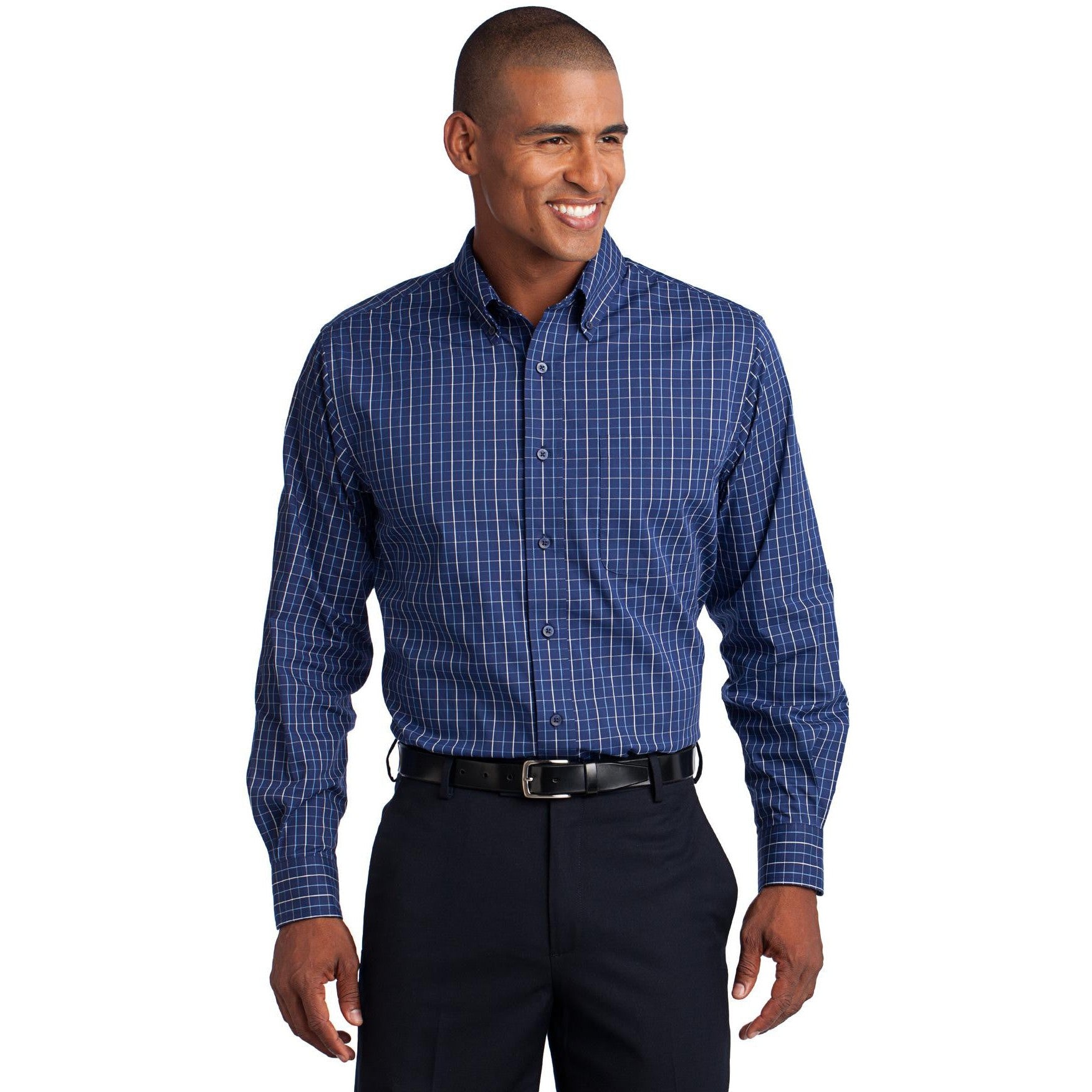 no-logo CLOSEOUT - Port Authority Tattersall Easy Care Shirt-Port Authority-Navy/White-XS-Thread Logic