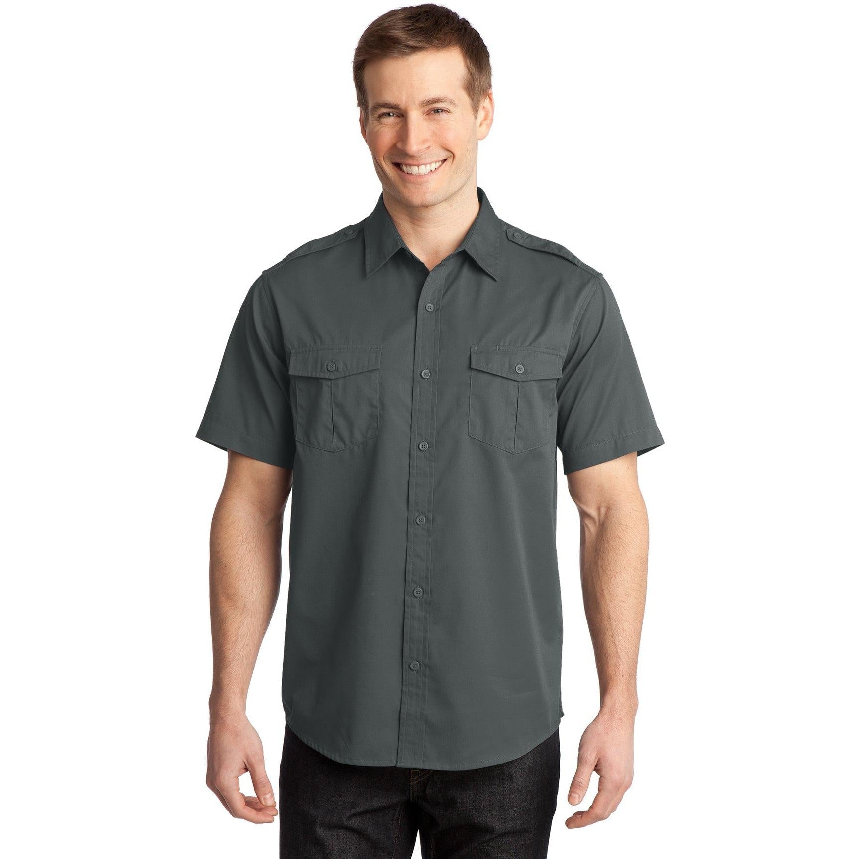 no-logo CLOSEOUT - Port Authority Stain-Release Short Sleeve Twill Shirt-Port Authority-Steel Grey-XS-Thread Logic