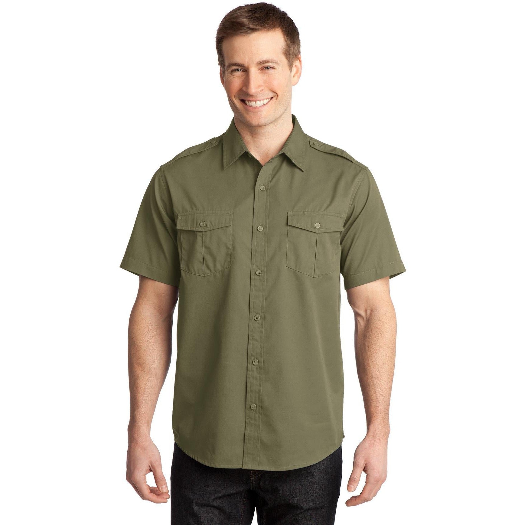 no-logo CLOSEOUT - Port Authority Stain-Release Short Sleeve Twill Shirt-Port Authority-Vintage Khaki-XS-Thread Logic