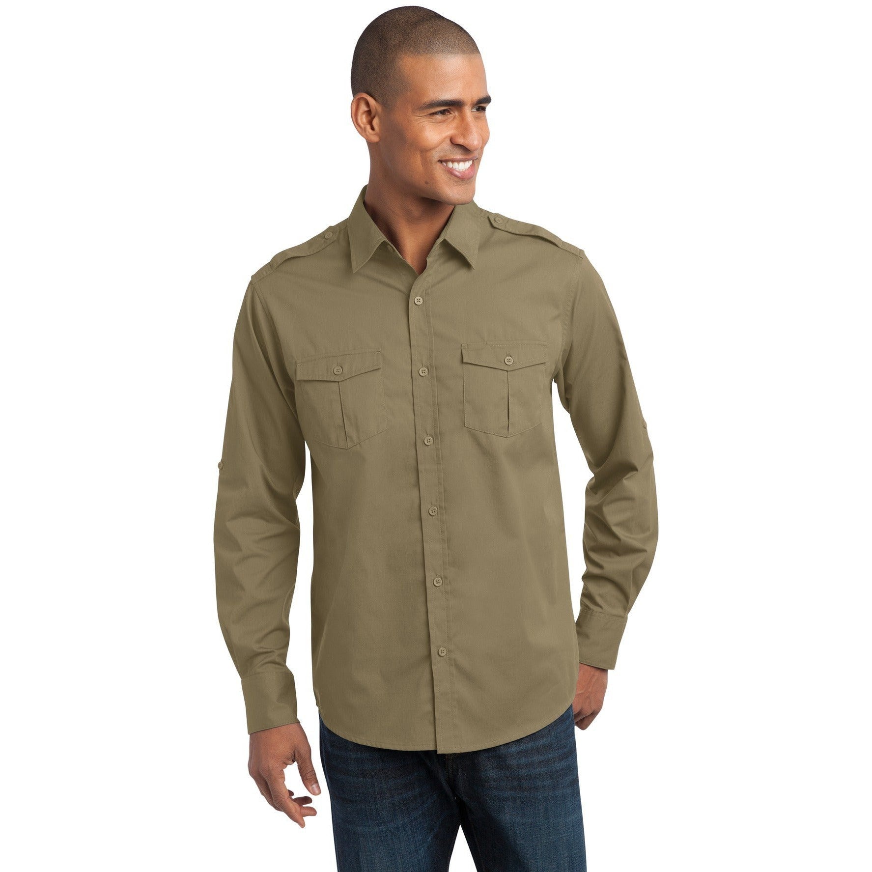 no-logo CLOSEOUT - Port Authority Stain-Release Roll Sleeve Twill Shirt-Port Authority-Vintage Khaki-XS-Thread Logic