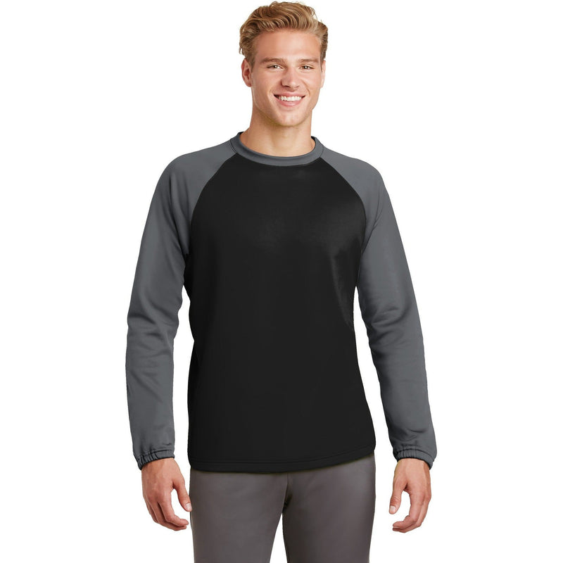 no-logo CLOSEOUT - Sport-Tek Sport-Wick Raglan Colorblock Fleece Crewneck-Sport-Tek-Black/Dark Smoke Grey-XS-Thread Logic