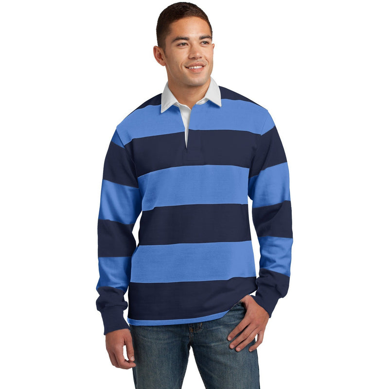 no-logo CLOSEOUT - Sport-Tek Classic Long Sleeve Rugby Polo-Sport-Tek-True Navy/Carolina Blue-S-Thread Logic