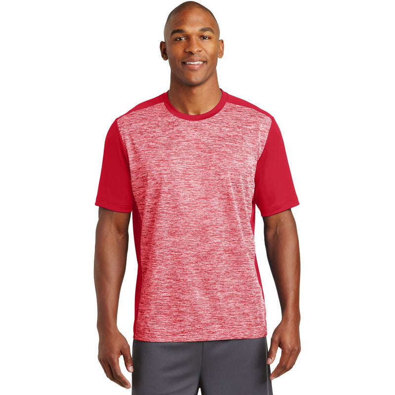 no-logo CLOSEOUT - Sport-Tek PosiCharge Electric Heather Colorblock Tee-Sport-Tek-Deep Red Electric/Deep Red-XS-Thread Logic