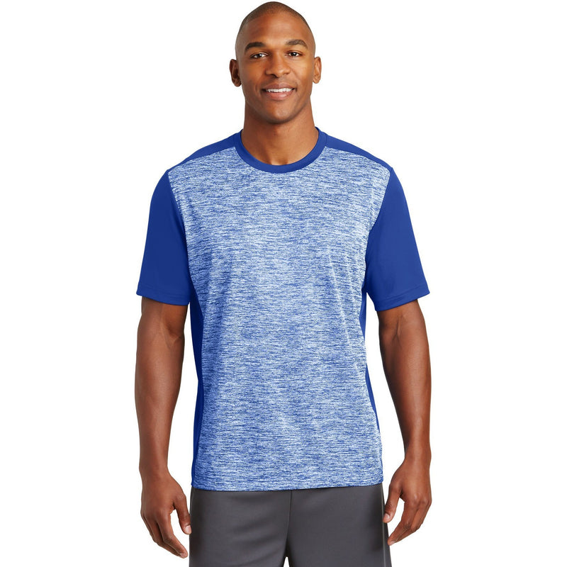 no-logo CLOSEOUT - Sport-Tek PosiCharge Electric Heather Colorblock Tee-Sport-Tek-True Royal Electric/True Royal-XS-Thread Logic