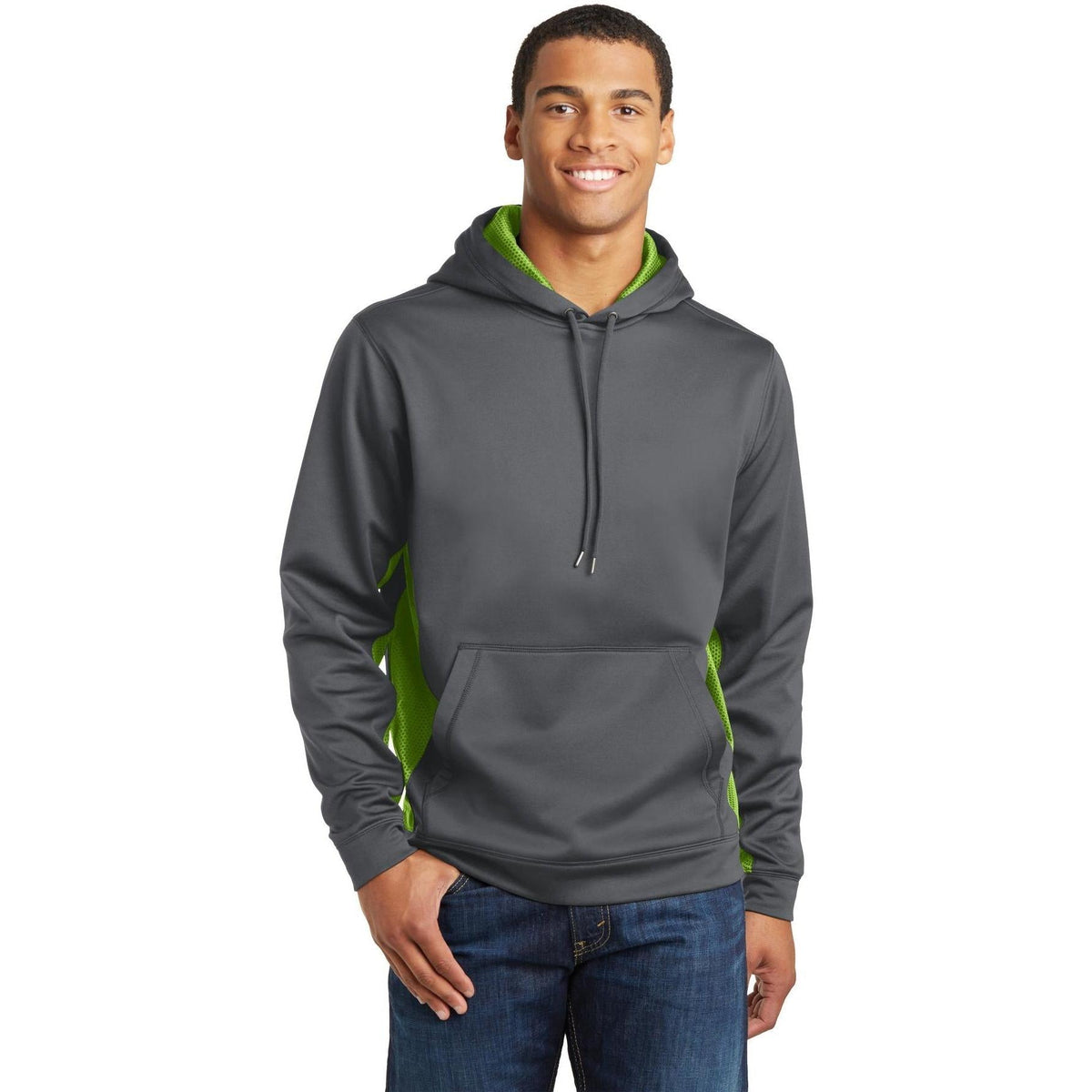 logo-left Sport-Tek CamoHex Fleece Colorblock Hooded Pullover-Hoodies-Sport-Tek-Dark Smoke Grey/Lime Shock-S-Thread Logic