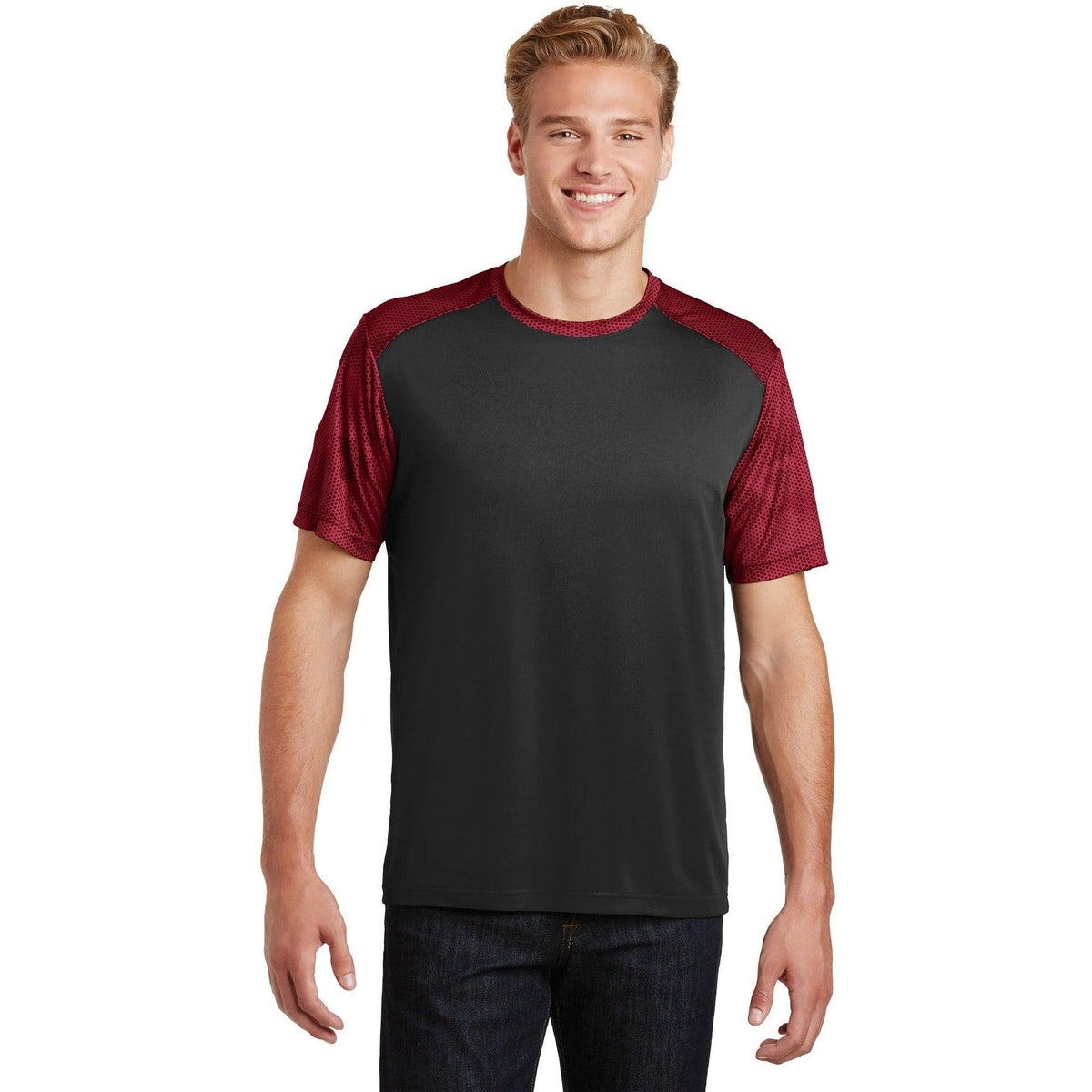 no-logo  Sport-Tek Camohex Colorblock Tee-Regular-Sport-Tek-Black/Deep Red-S-Thread Logic