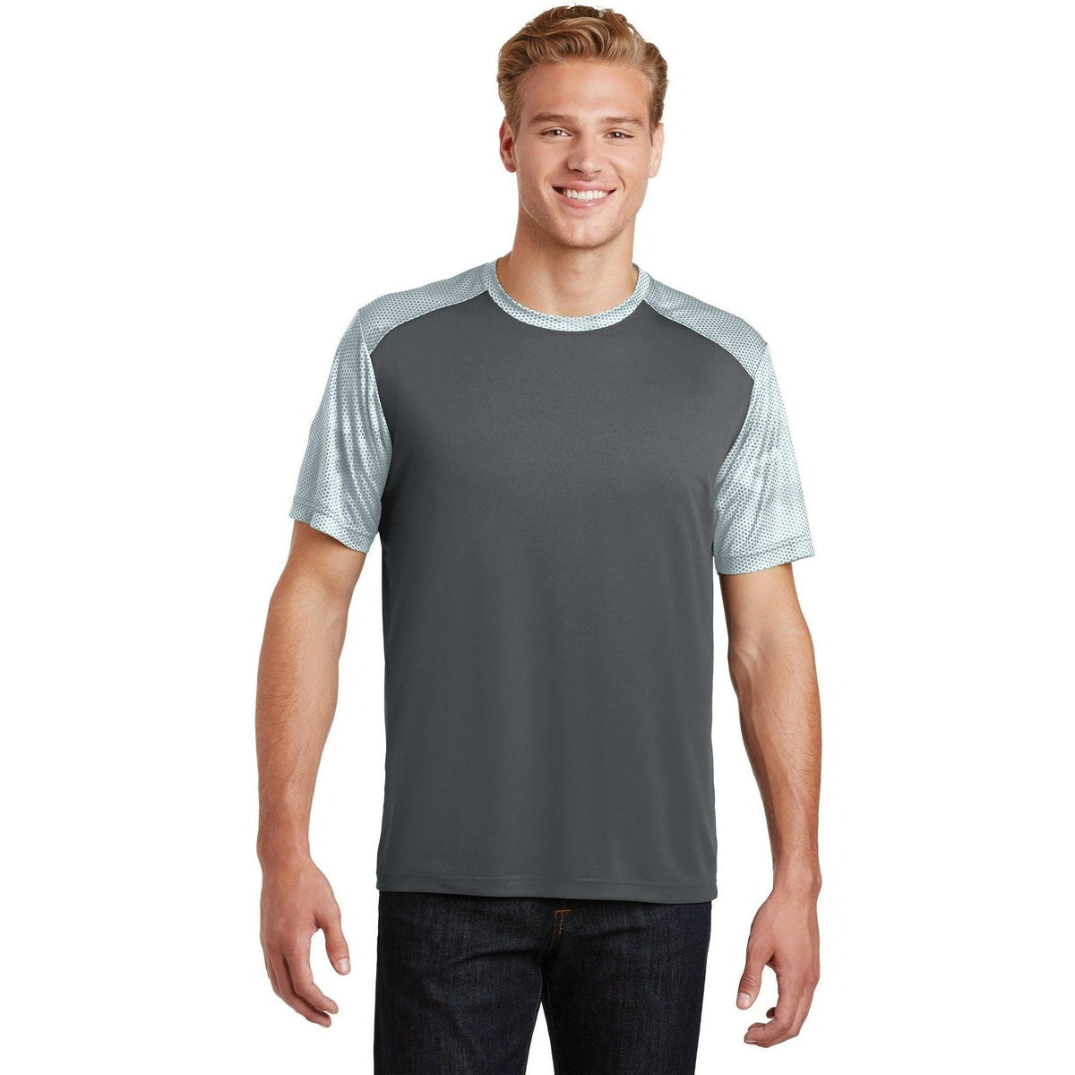 no-logo  Sport-Tek Camohex Colorblock Tee-Regular-Sport-Tek-Iron Grey/White-S-Thread Logic