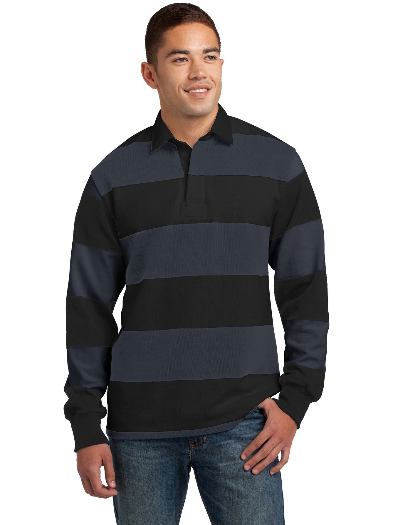  Sport-Tek Classic Long Sleeve Rugby Polo-Regular-Sport-Tek-Black/Graphite-S-Thread Logic