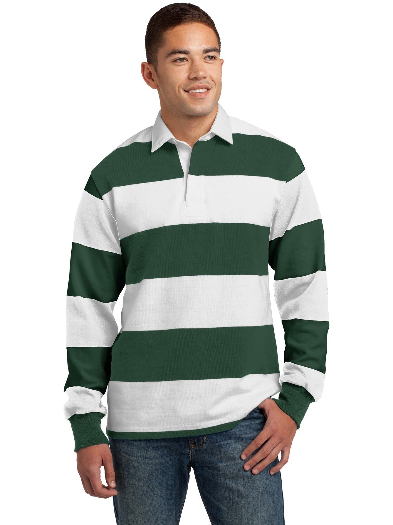  Sport-Tek Classic Long Sleeve Rugby Polo-Regular-Sport-Tek-Forest Green/White-S-Thread Logic