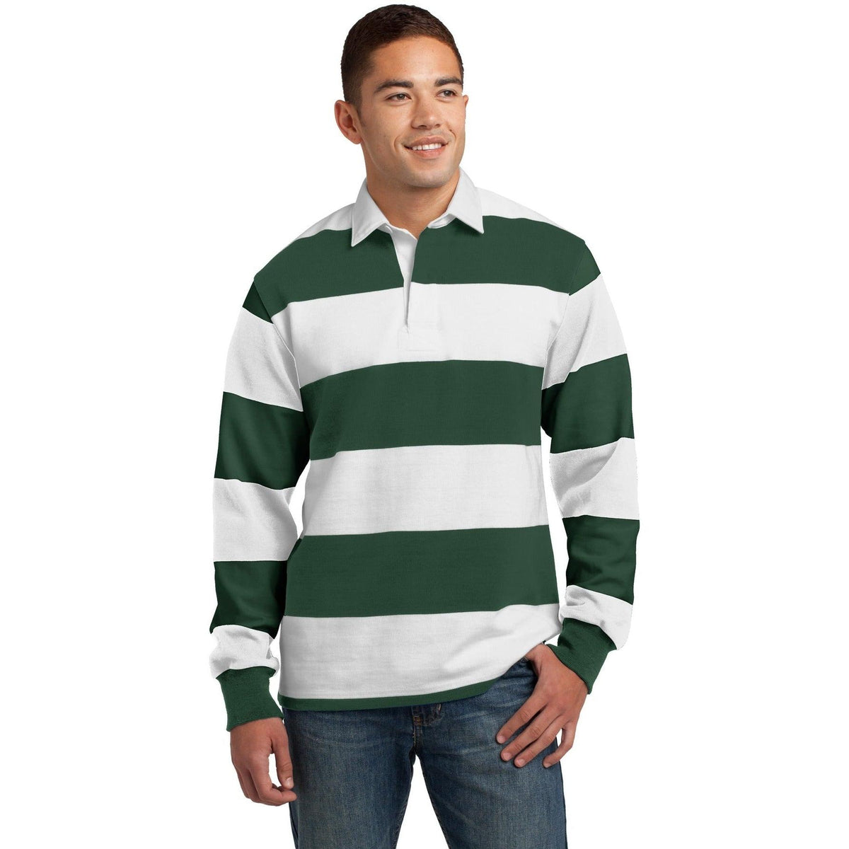 no-logo Sport-Tek Classic Long Sleeve Rugby Polo-Polos-Sport-Tek-Forest Green/White-S-Thread Logic
