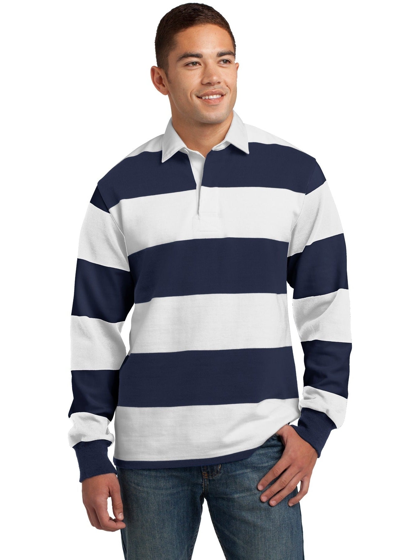  Sport-Tek Classic Long Sleeve Rugby Polo-Regular-Sport-Tek-True Navy/White-S-Thread Logic