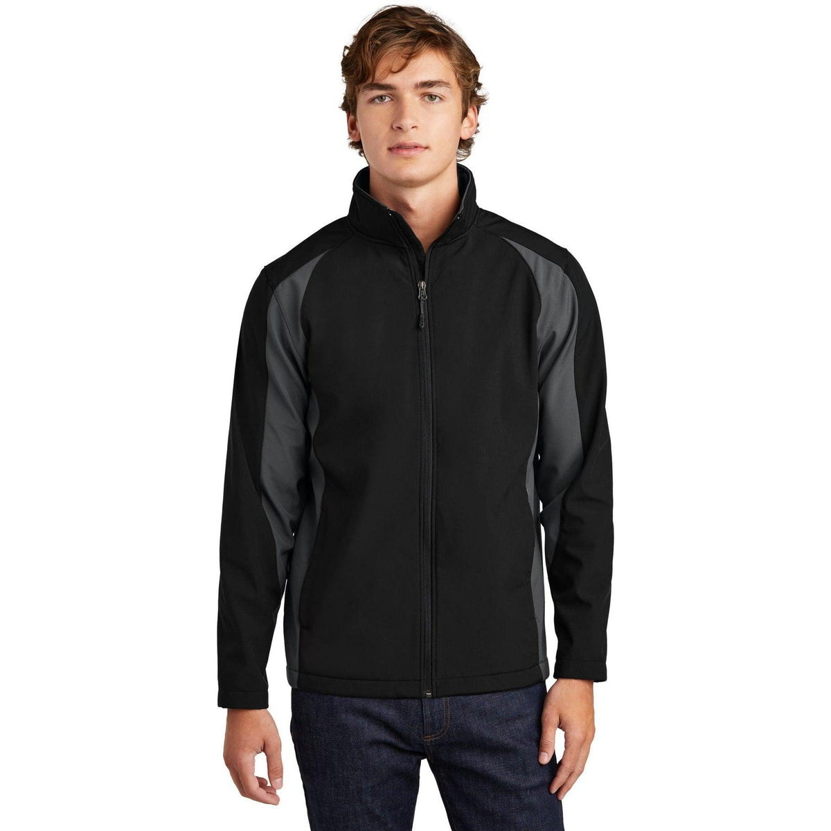 logo-left Sport-Tek Colorblock Soft Shell Jacket-Active-Sport-Tek-Black/Iron Grey-S-Thread Logic
