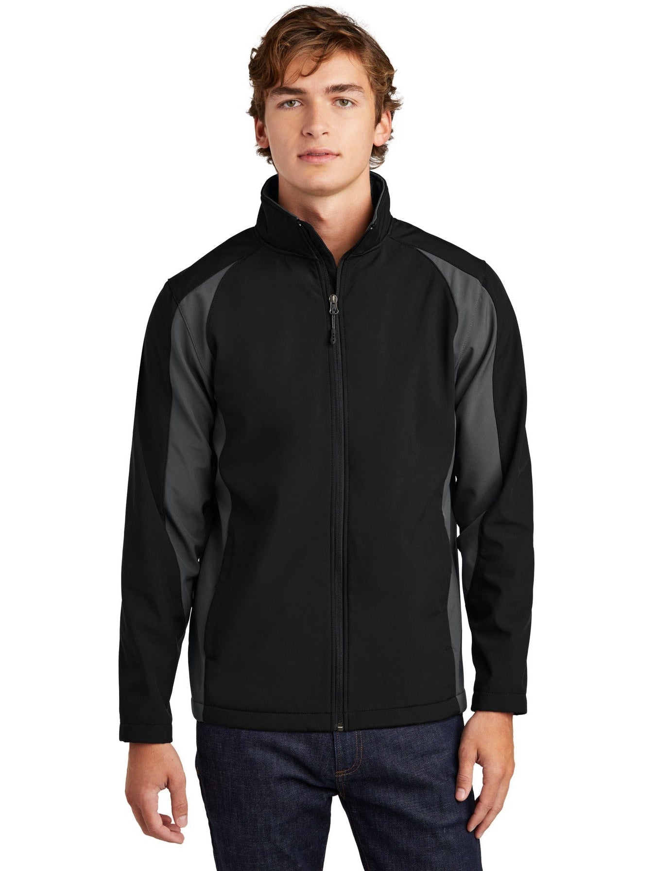 No-Logo CLOSEOUT - Sport-Tek Colorblock Soft Shell Jacket-Active-Sport-Tek-Black/Iron Grey-S-Thread Logic