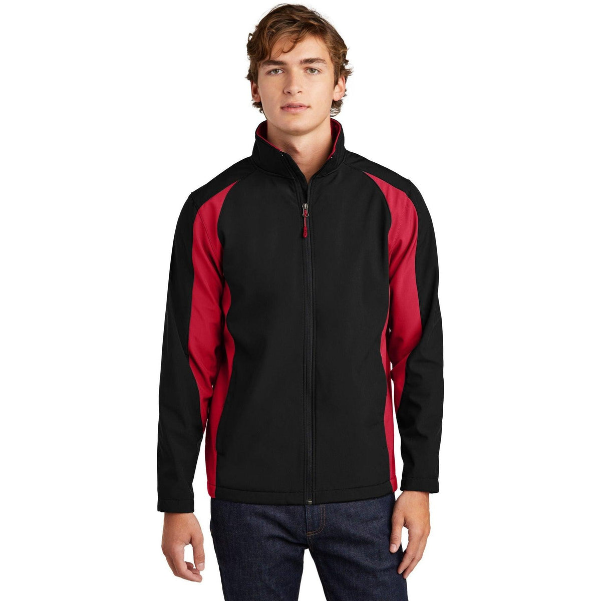 logo-left Sport-Tek Colorblock Soft Shell Jacket-Active-Sport-Tek-Black/True Red-S-Thread Logic