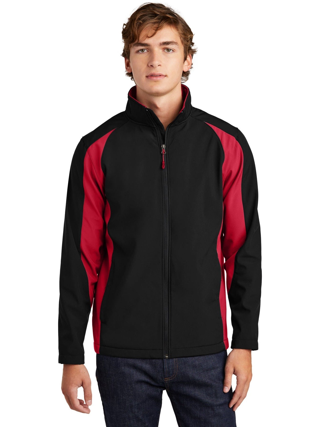 No-Logo CLOSEOUT - Sport-Tek Colorblock Soft Shell Jacket-Active-Sport-Tek-Black/True Red-S-Thread Logic