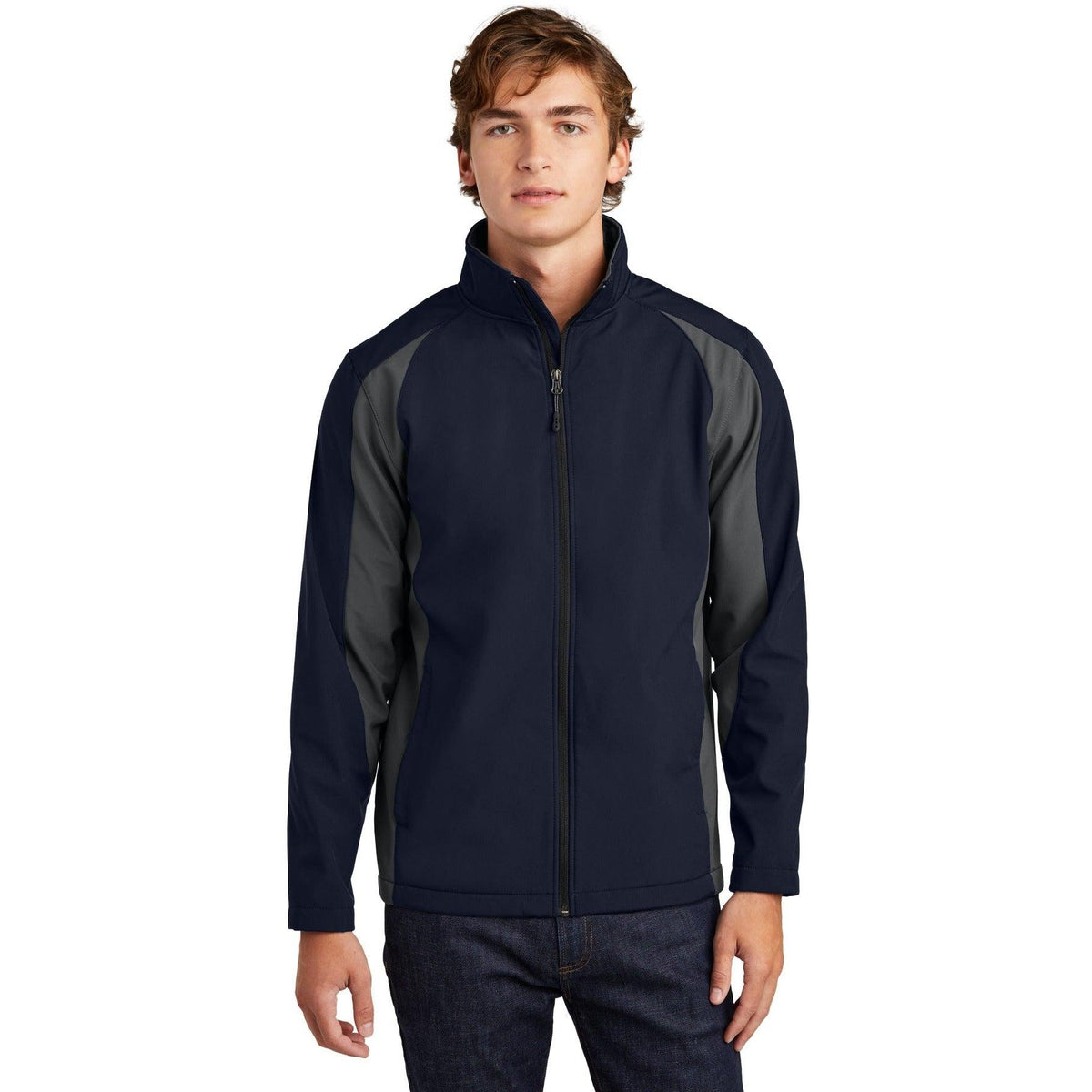 logo-left Sport-Tek Colorblock Soft Shell Jacket-Active-Sport-Tek-True Navy/Iron Grey-S-Thread Logic