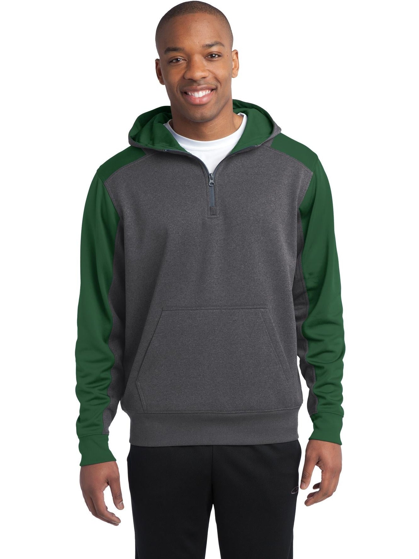  Sport-Tek Colorblock Tech Fleece 1/4-Zip Hooded Sweatshirt-Regular-Sport-Tek-Graphite Heather/Forest Green-S-Thread Logic