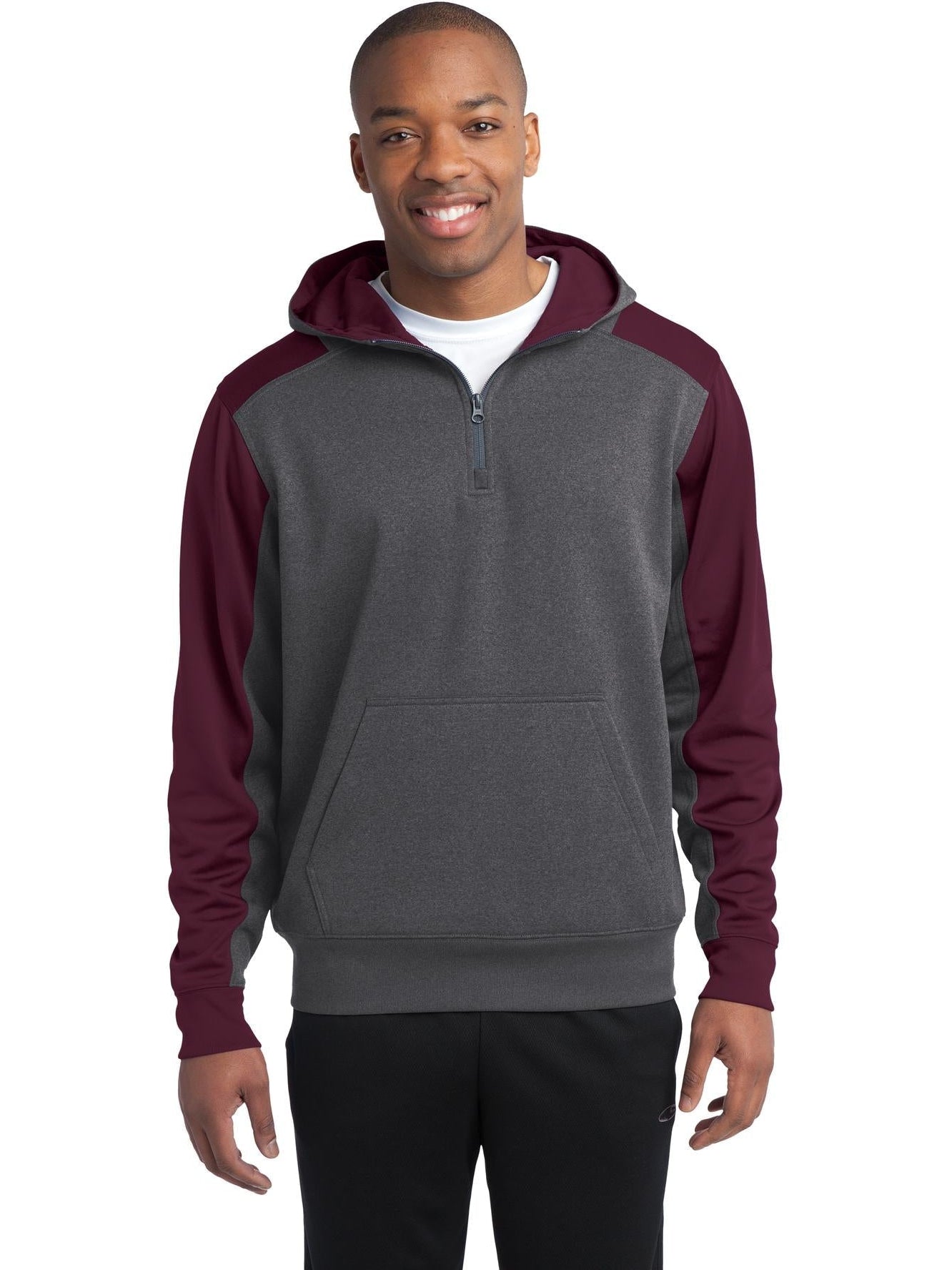 Sport-Tek Colorblock Tech Fleece 1/4-Zip Hooded Sweatshirt-Regular-Sport-Tek-Graphite Heather/Maroon-S-Thread Logic