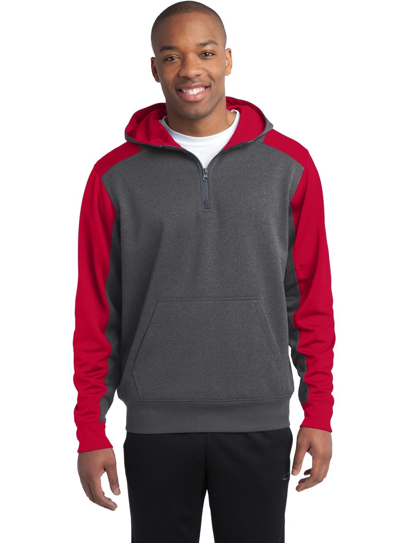  Sport-Tek Colorblock Tech Fleece 1/4-Zip Hooded Sweatshirt-Regular-Sport-Tek-Graphite Heather/True Red-S-Thread Logic