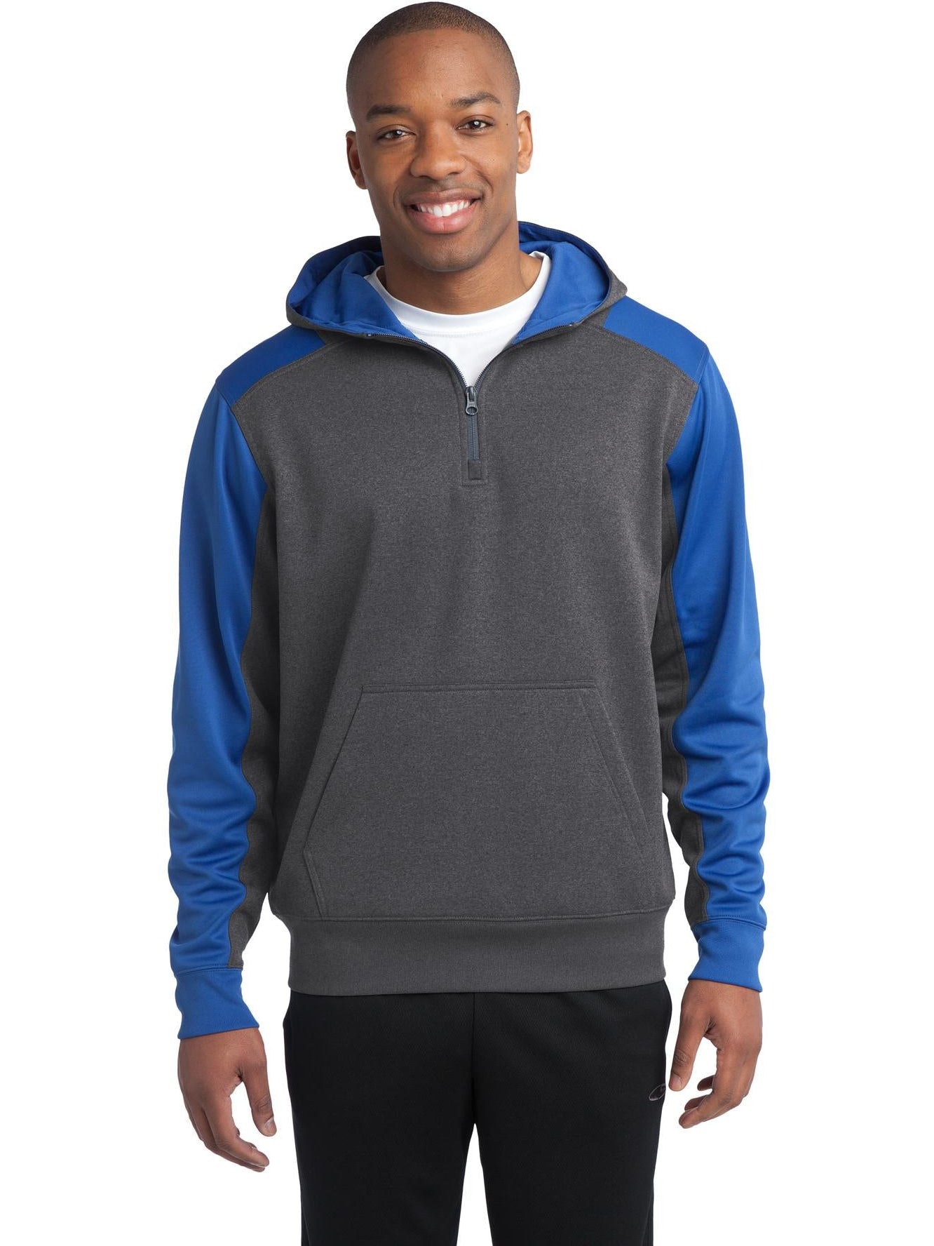  Sport-Tek Colorblock Tech Fleece 1/4-Zip Hooded Sweatshirt-Regular-Sport-Tek-Graphite Heather/True Royal-S-Thread Logic