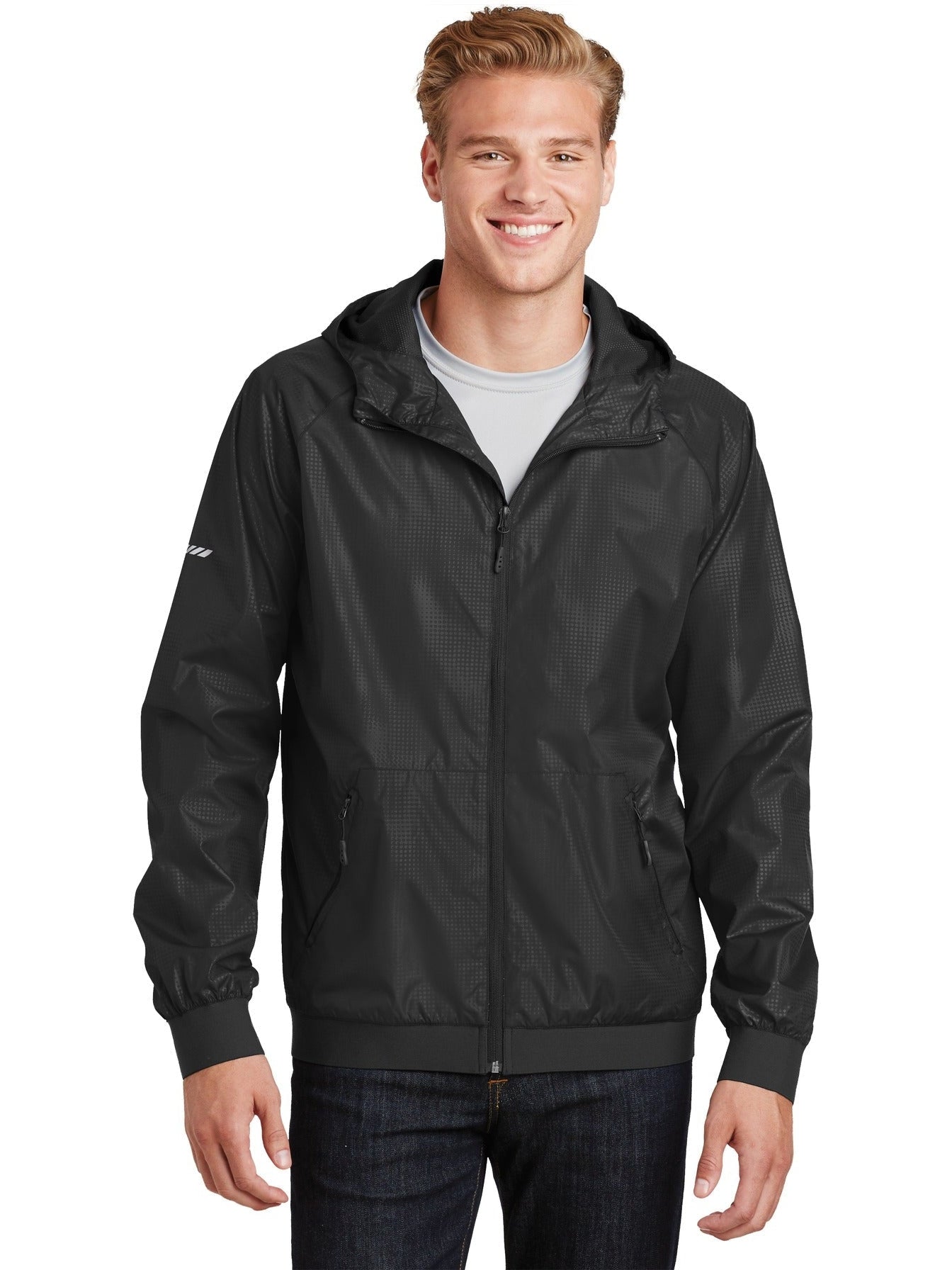 No-Logo CLOSEOUT - Sport-Tek Embossed Hooded Wind Jacket-Discontinued-Sport-Tek-Black/Black-S-Thread Logic