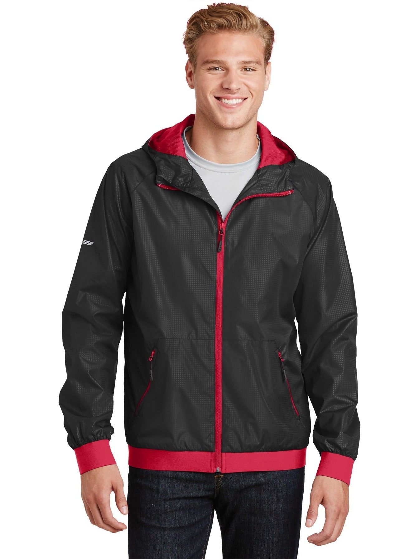  Sport-Tek Embossed Hooded Wind Jacket-Regular-Sport-Tek-Black/True Red-S-Thread Logic