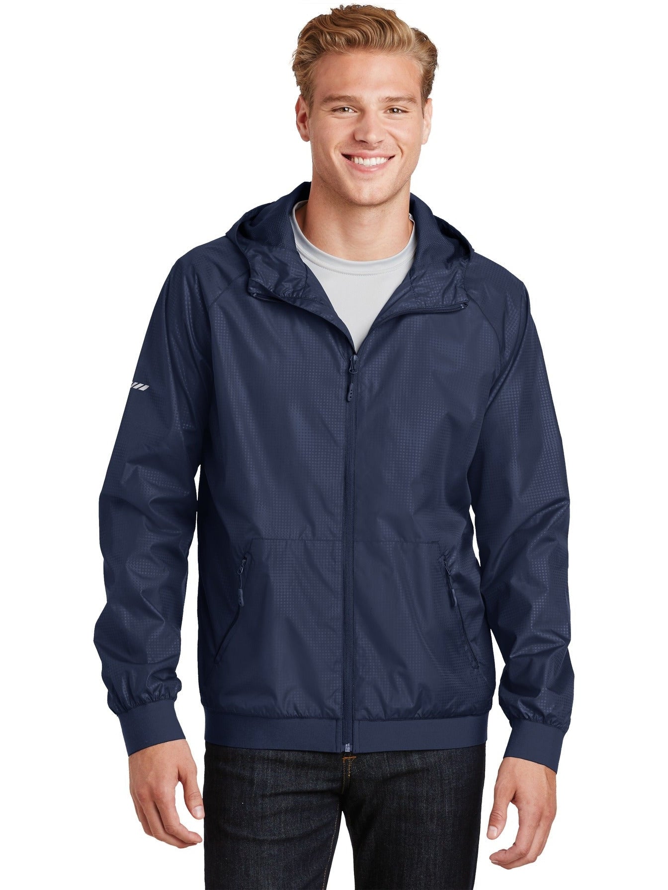 No-Logo CLOSEOUT - Sport-Tek Embossed Hooded Wind Jacket-Discontinued-Sport-Tek-True Navy/True Navy-S-Thread Logic