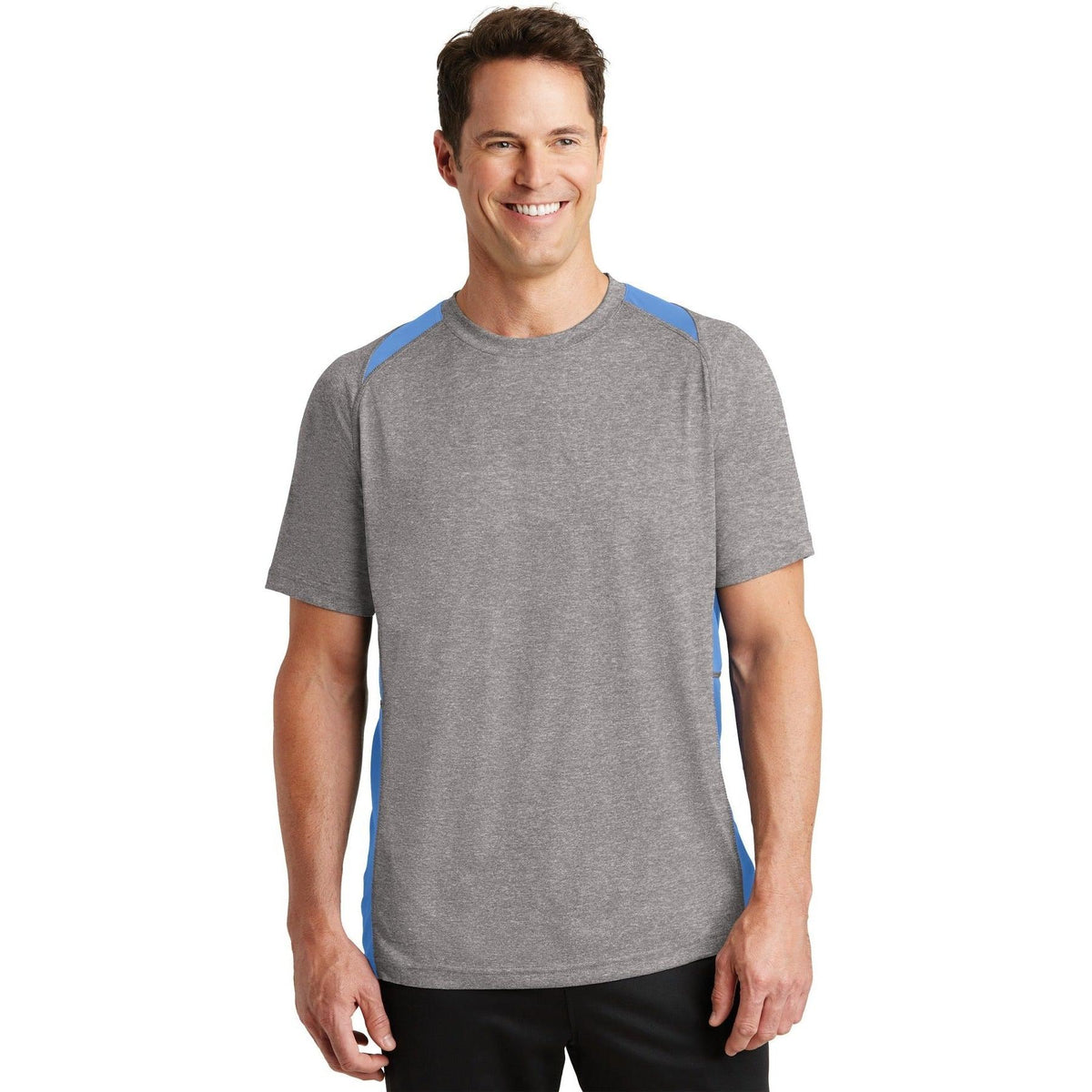 no-logo  Sport-Tek Heather Colorblock Contender Tee-Regular-Sport-Tek-Vintage Heather/Carolina Blue-S-Thread Logic