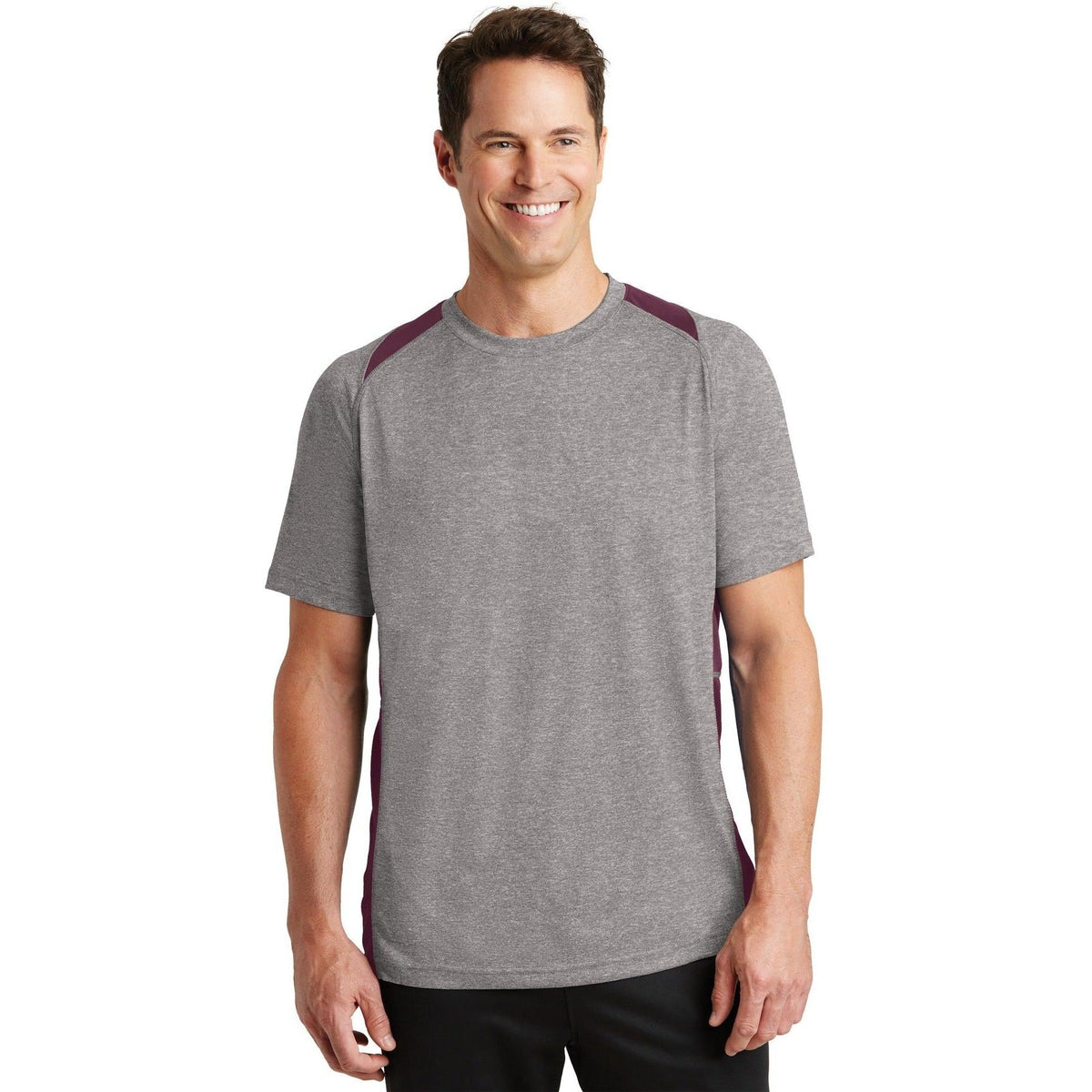 no-logo  Sport-Tek Heather Colorblock Contender Tee-Regular-Sport-Tek-Vintage Heather/Maroon-S-Thread Logic