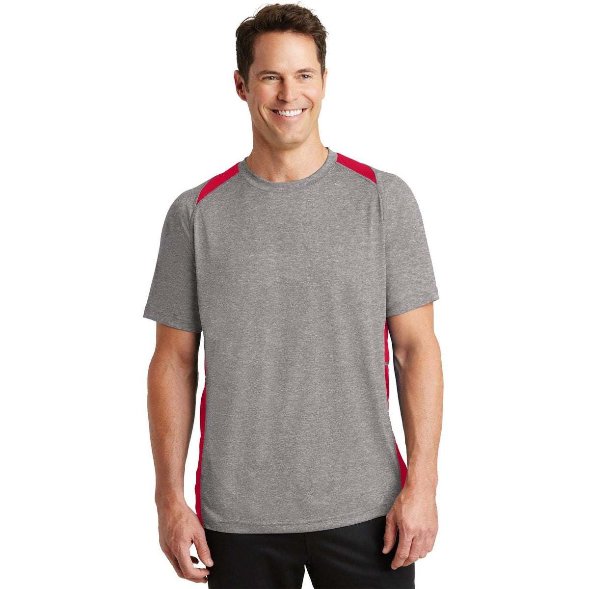 no-logo  Sport-Tek Heather Colorblock Contender Tee-Regular-Sport-Tek-Vintage Heather/True Red-S-Thread Logic