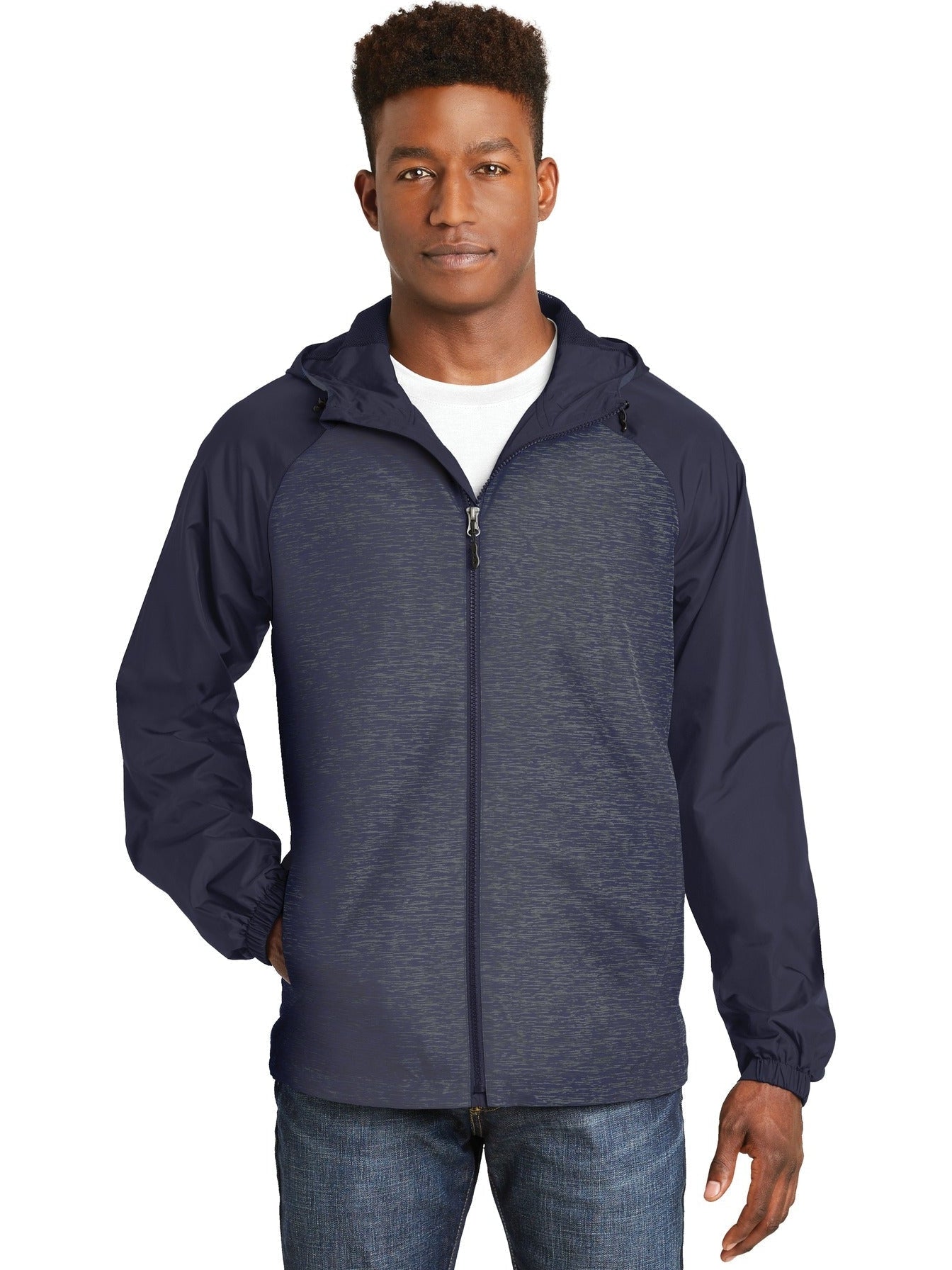 No-Logo CLOSEOUT - Sport-Tek Heather Colorblock Raglan Hooded Wind Jacket-Active-Sport-Tek-True Navy Heather/True Navy-S-Thread Logic