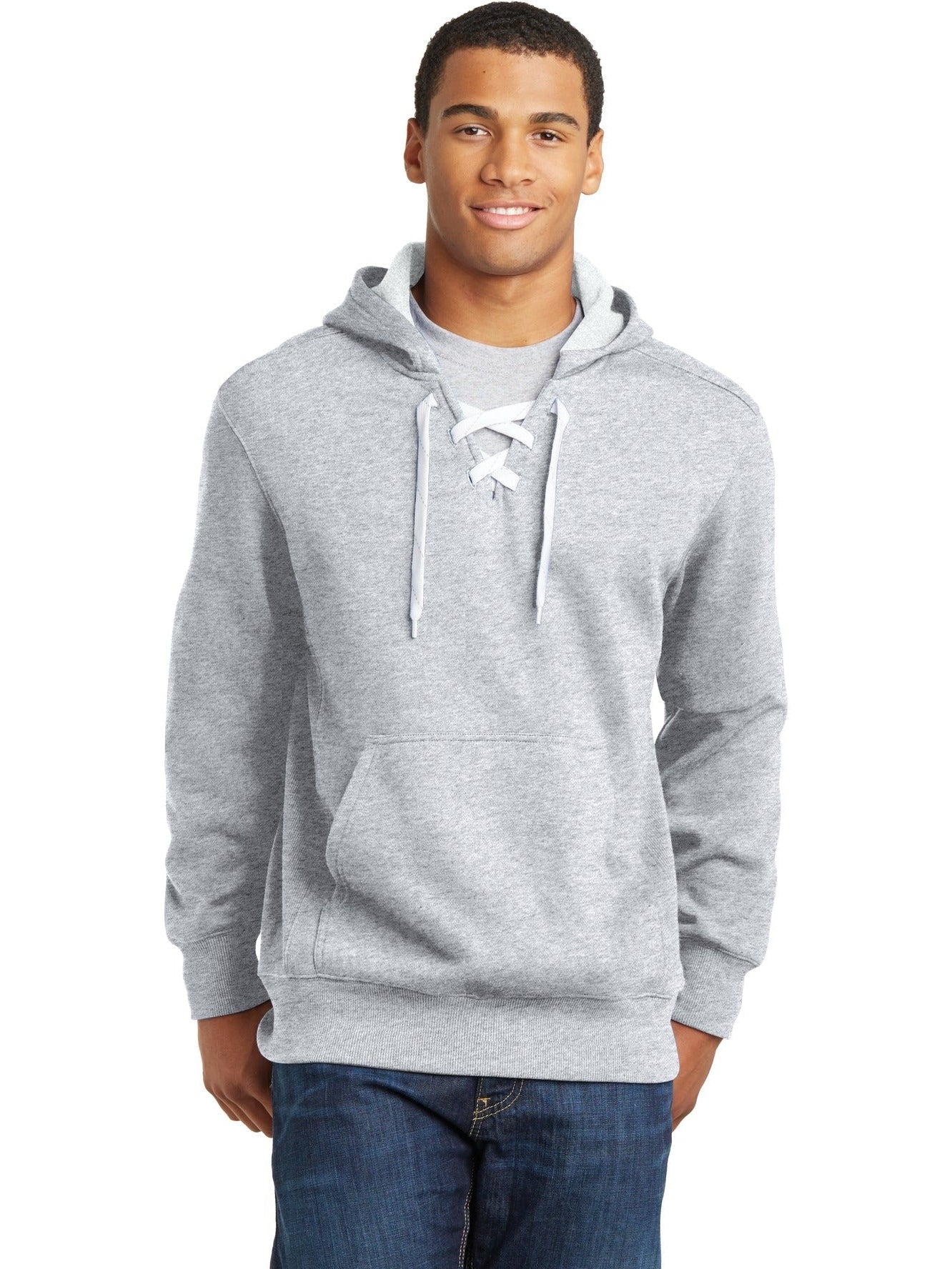  Sport-Tek Lace Up Pullover Hooded Sweatshirt-Regular-Sport-Tek-Athletic Heather-S-Thread Logic