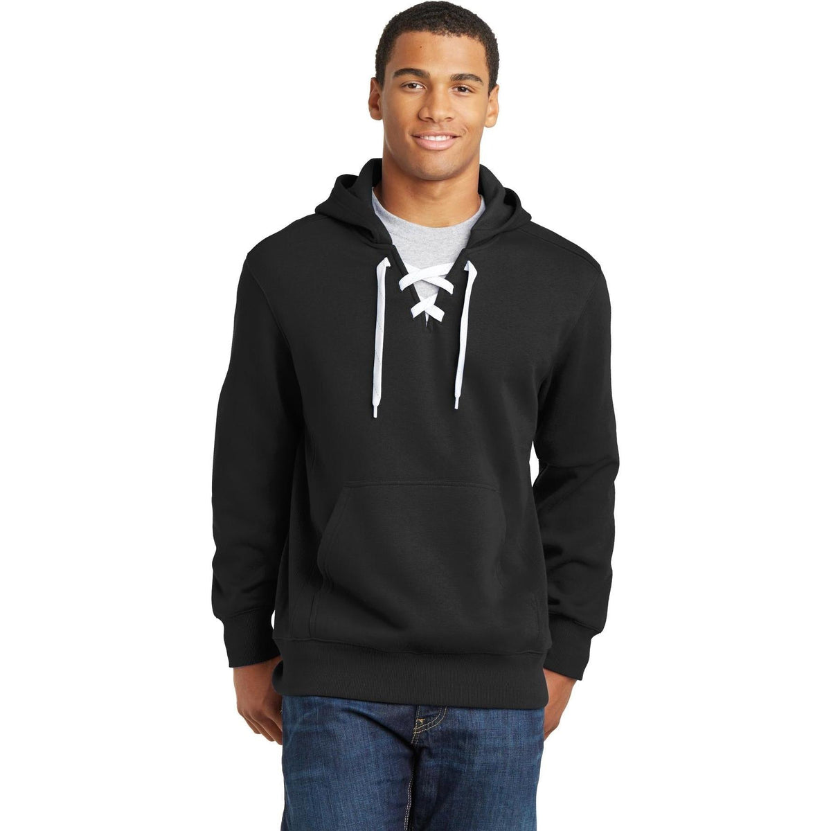 logo-left Sport-Tek Lace Up Pullover Hooded Sweatshirt-Hoodies-Sport-Tek-Black-S-Thread Logic