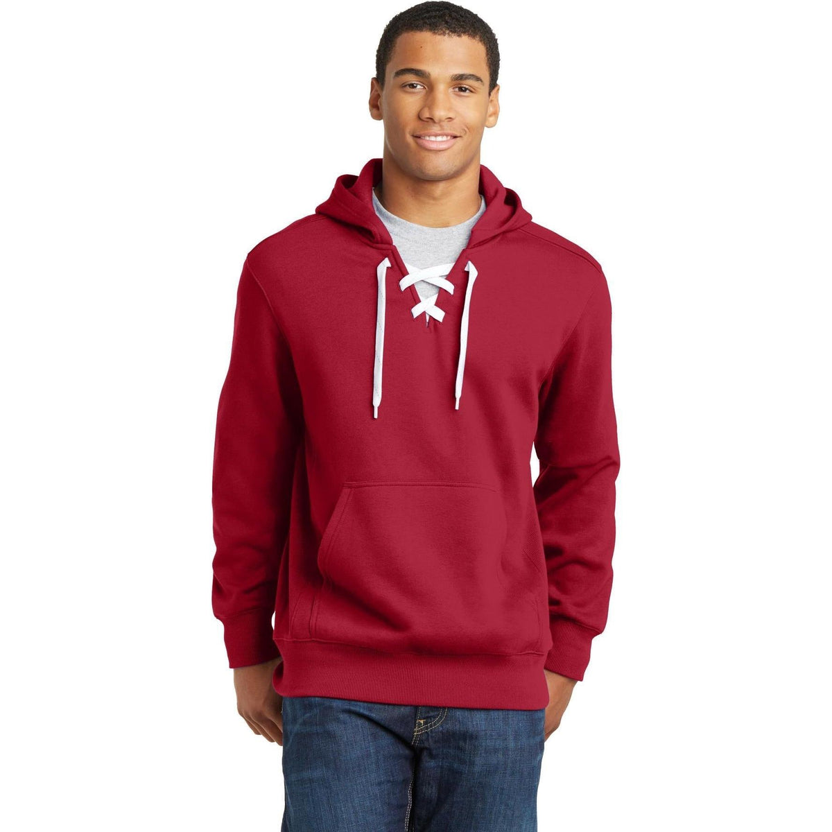 logo-left Sport-Tek Lace Up Pullover Hooded Sweatshirt-Hoodies-Sport-Tek-Deep Red-S-Thread Logic