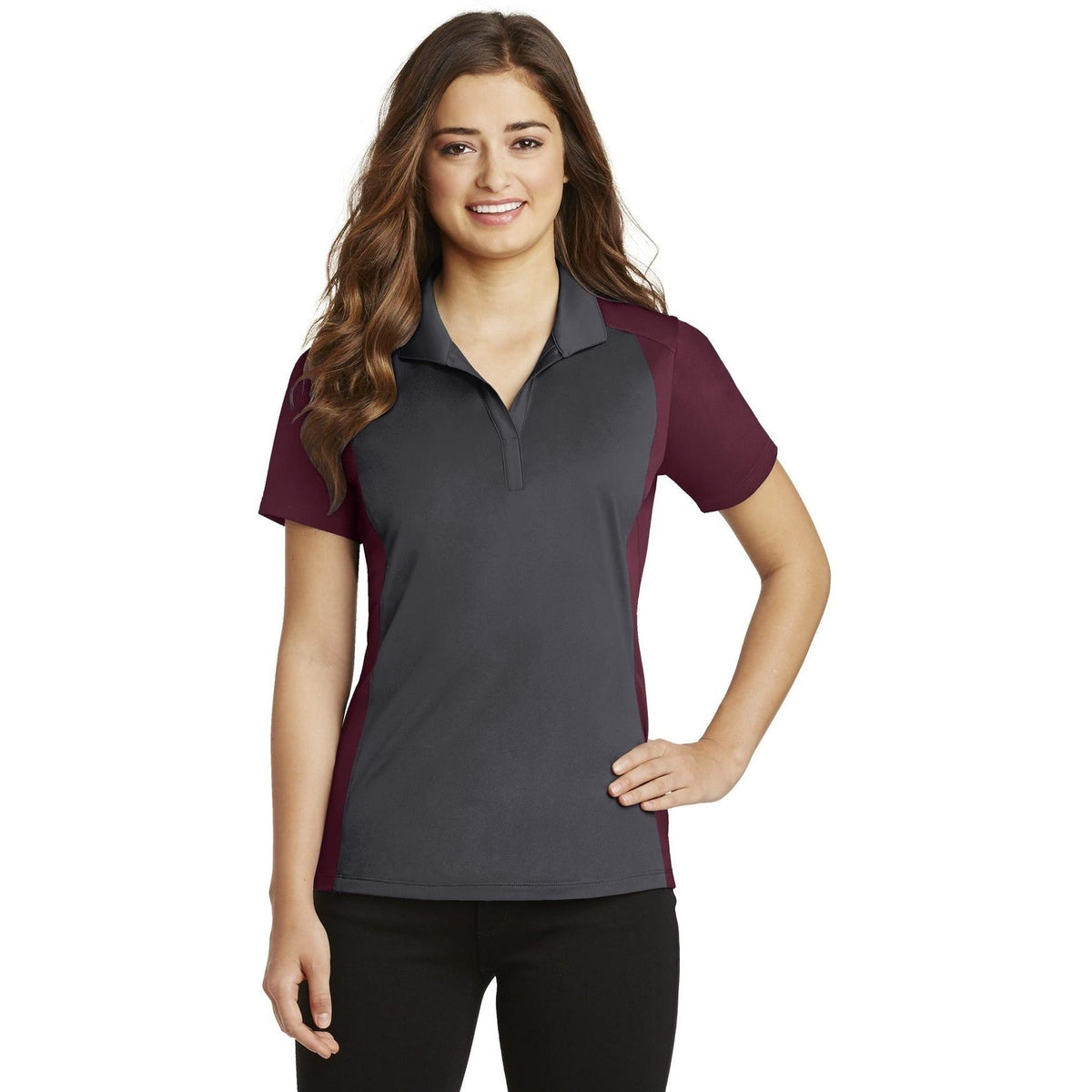 no-logo Sport-Tek Women's Colorblock Micropique Sport-Wick Polo-Regular-Sport-Tek-Iron Grey/Maroon-S-Thread Logic
