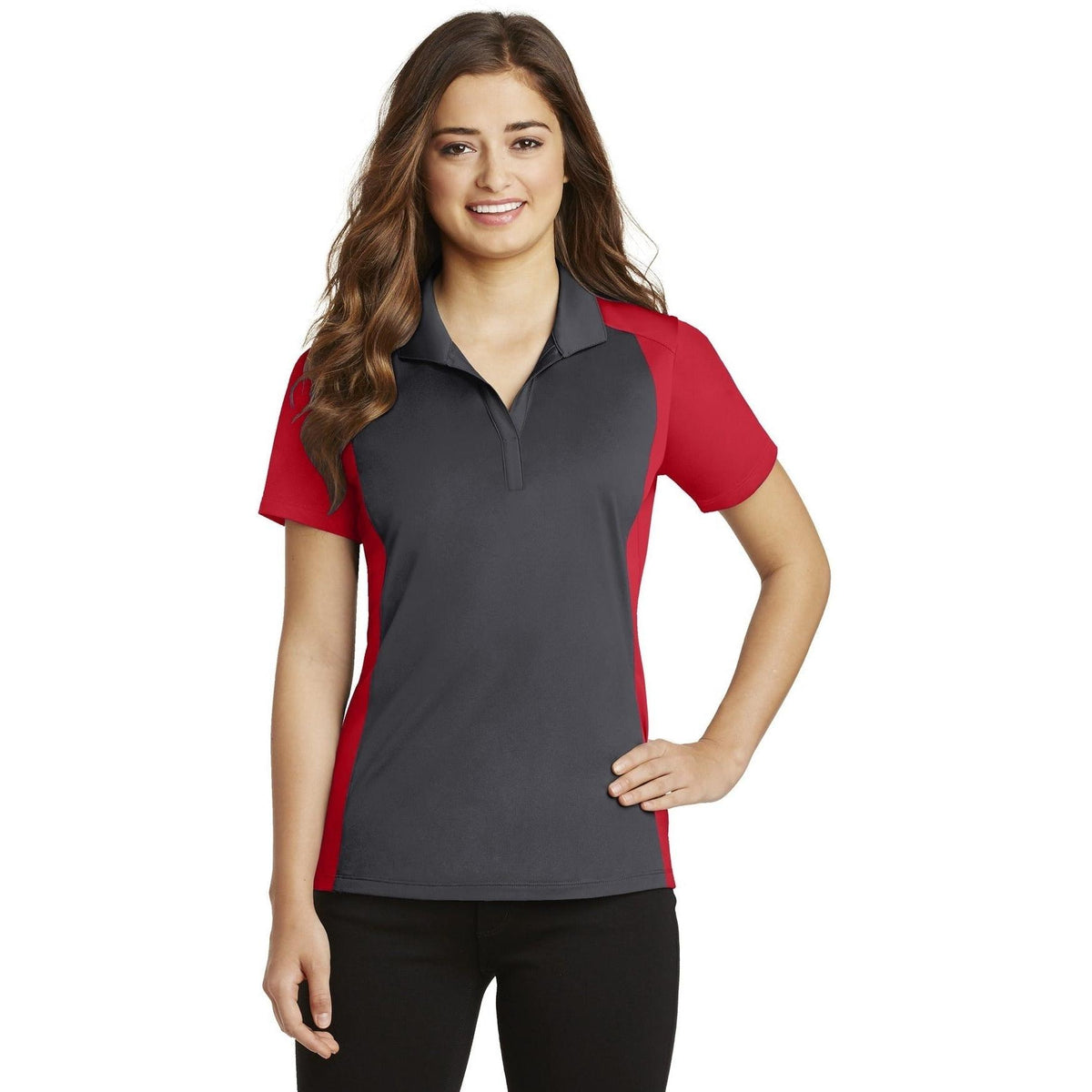 no-logo Sport-Tek Women's Colorblock Micropique Sport-Wick Polo-Regular-Sport-Tek-Iron Grey/True Red-S-Thread Logic