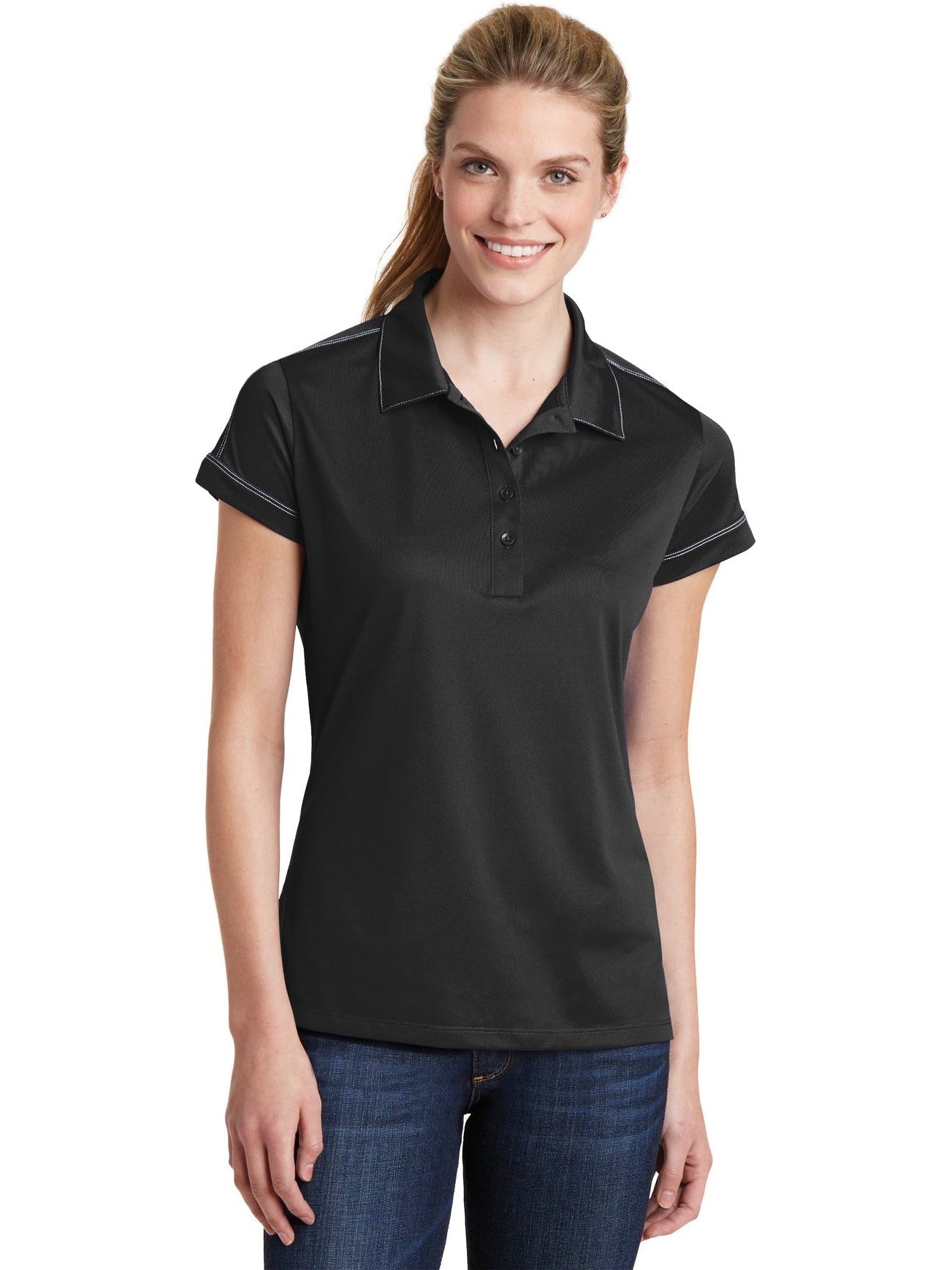 No-Logo CLOSEOUT - Sport-Tek Ladies Contrast Stitch Polo-Active-Sport-Tek-Black-XS-Thread Logic