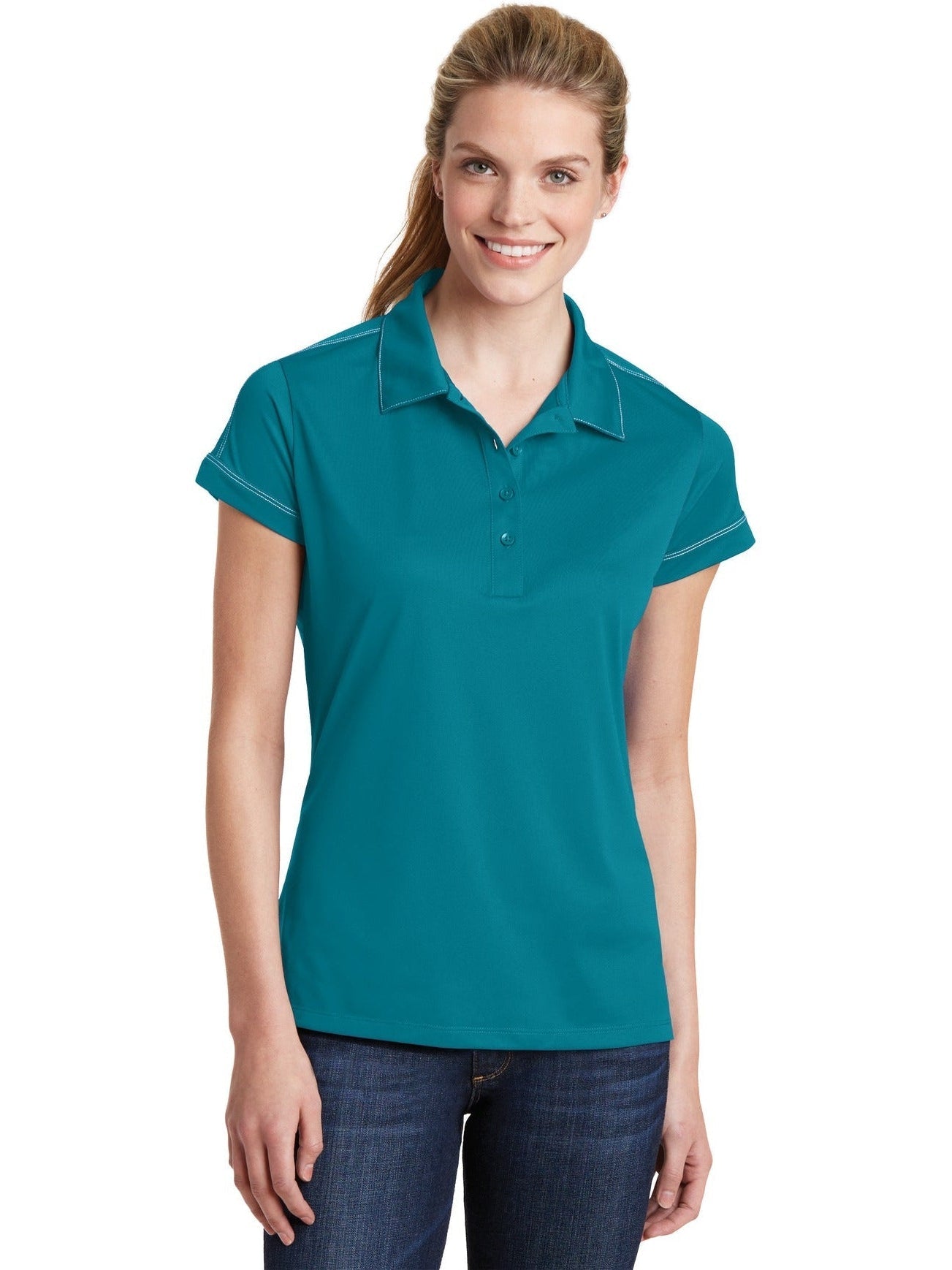 No-Logo CLOSEOUT - Sport-Tek Ladies Contrast Stitch Polo-Active-Sport-Tek-Tropic Blue-XS-Thread Logic