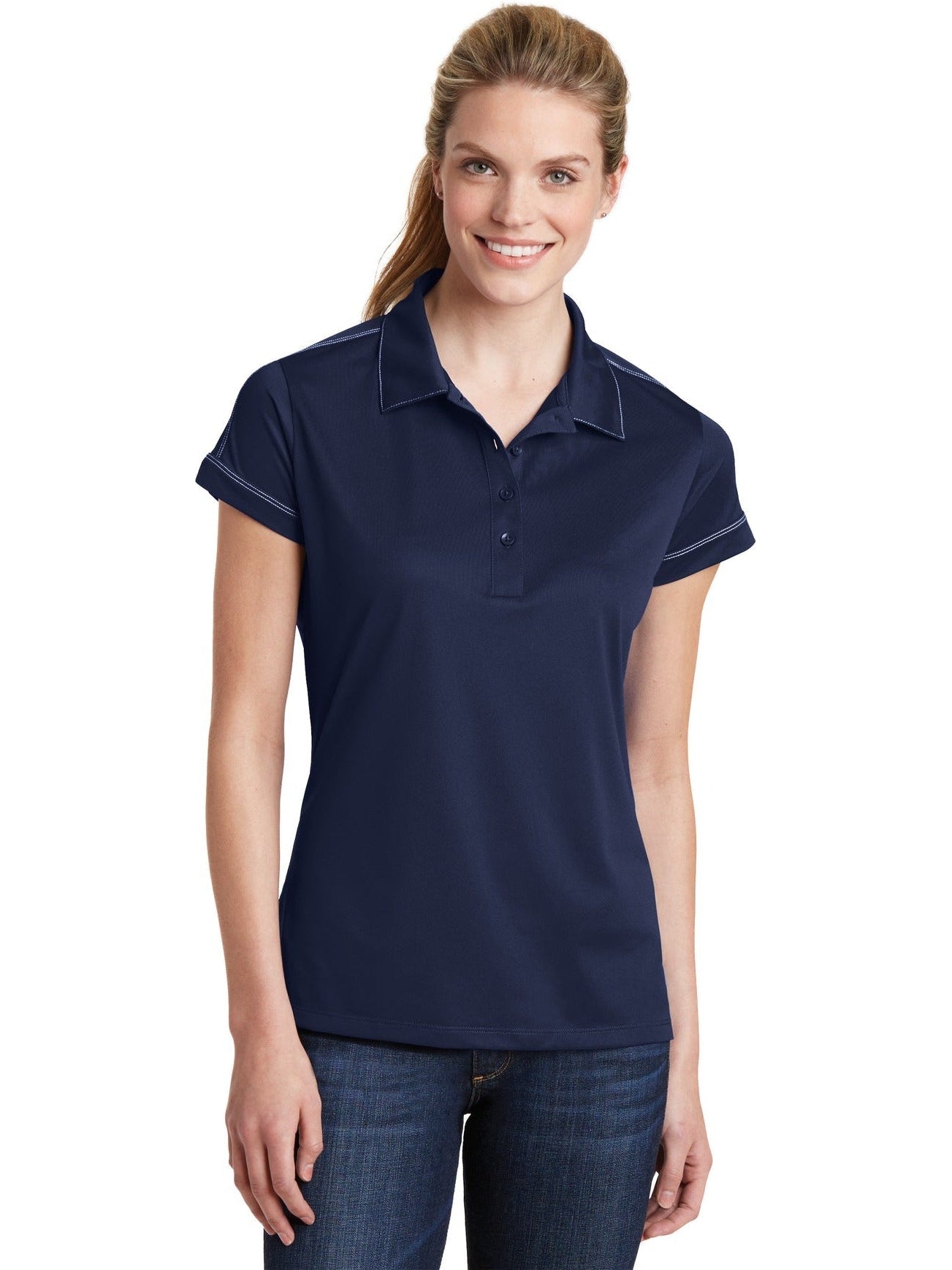 No-Logo CLOSEOUT - Sport-Tek Ladies Contrast Stitch Polo-Active-Sport-Tek-True Navy-XS-Thread Logic