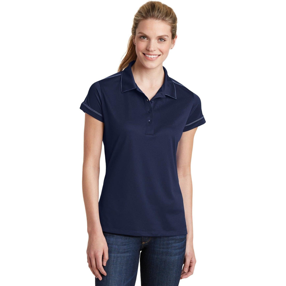 no-logo CLOSEOUT - Sport-Tek Ladies Contrast Stitch Polo-Active-Sport-Tek-True Navy-XS-Thread Logic