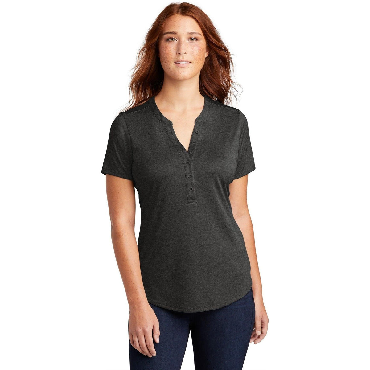 no-logo CLOSEOUT - Sport-Tek Ladies Endeavor Henley-Polos-Sport-Tek-Black Heather-XS-Thread Logic