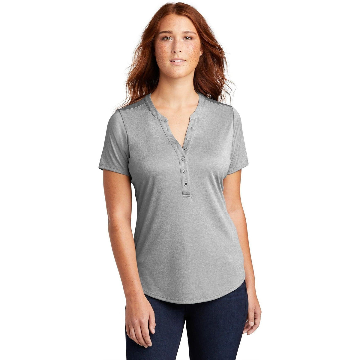 no-logo Sport-Tek Women's Endeavor Henley-Polos-Sport-Tek-Light Grey Heather-XS-Thread Logic