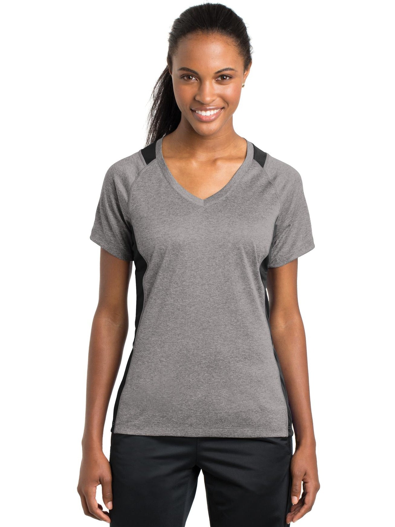 No-Logo CLOSEOUT - Sport-Tek Ladies Heather Colorblock Contender V-Neck Tee-Polos-Sport-Tek-Vintage Heather/Black-S-Thread Logic