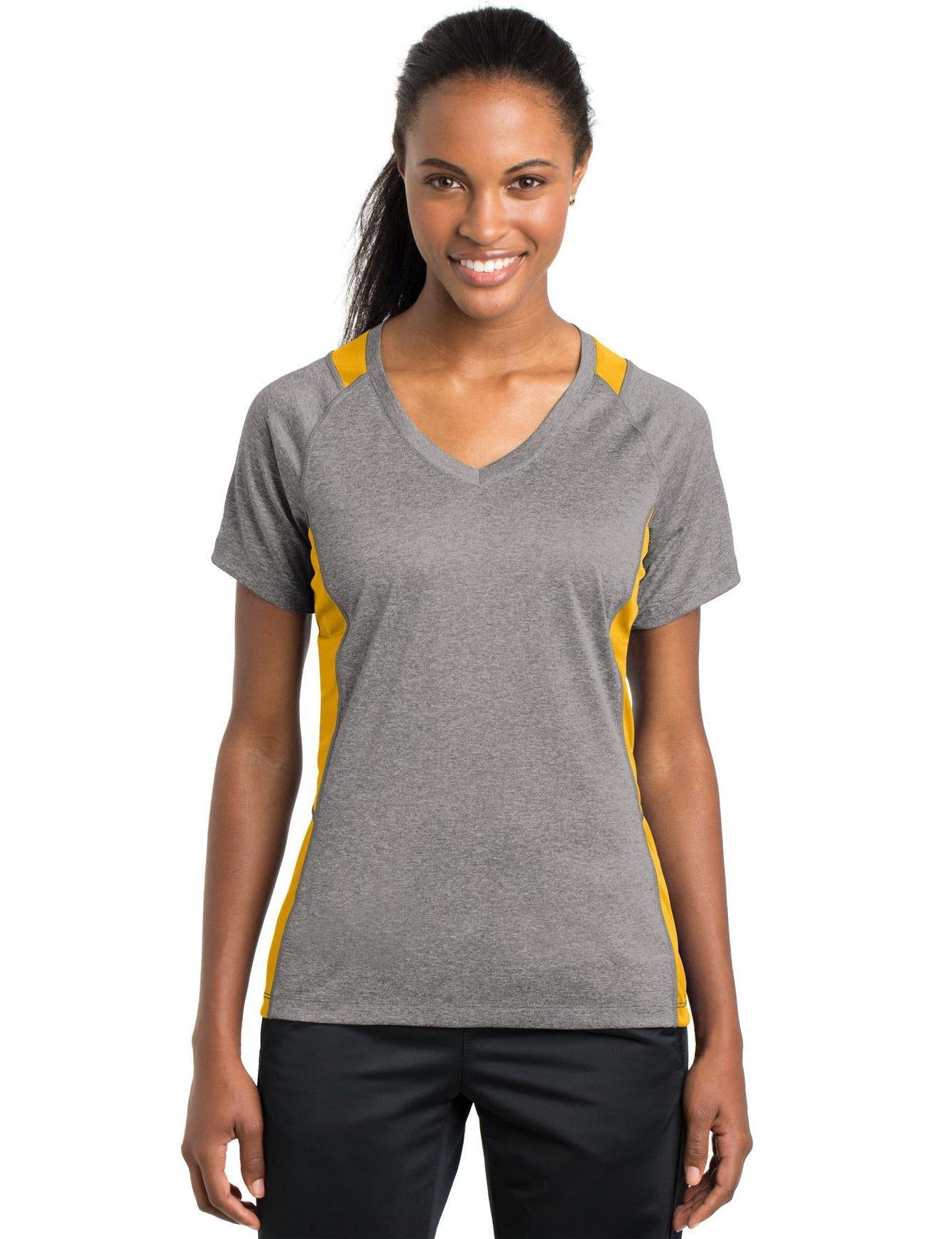  Sport-Tek Ladies Heather Colorblock Contender V-Neck Tee-Active-Sport-Tek-Vintage Heather/Gold-S-Thread Logic