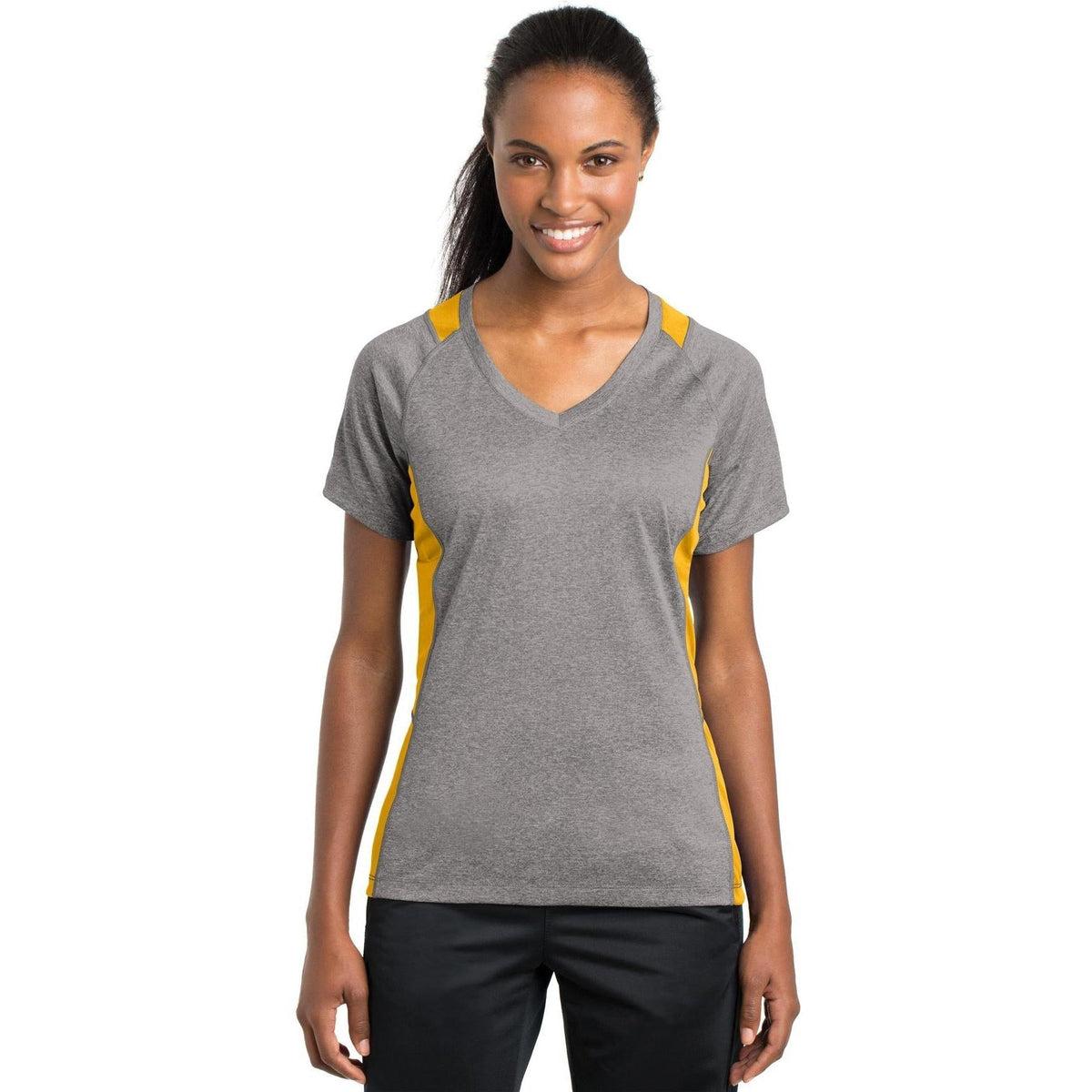 no-logo  Sport-Tek Ladies Heather Colorblock Contender V-Neck Tee-Active-Sport-Tek-Vintage Heather/Gold-S-Thread Logic