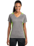  Sport-Tek Ladies Heather Colorblock Contender V-Neck Tee-Active-Sport-Tek-Vintage Heather/Lime Shock-S-Thread Logic