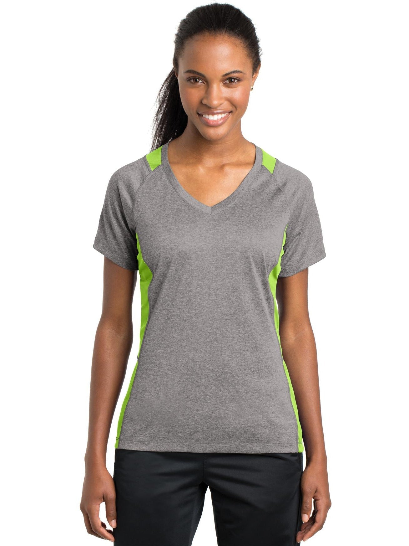 No-Logo CLOSEOUT - Sport-Tek Ladies Heather Colorblock Contender V-Neck Tee-Polos-Sport-Tek-Vintage Heather/Lime Shock-S-Thread Logic