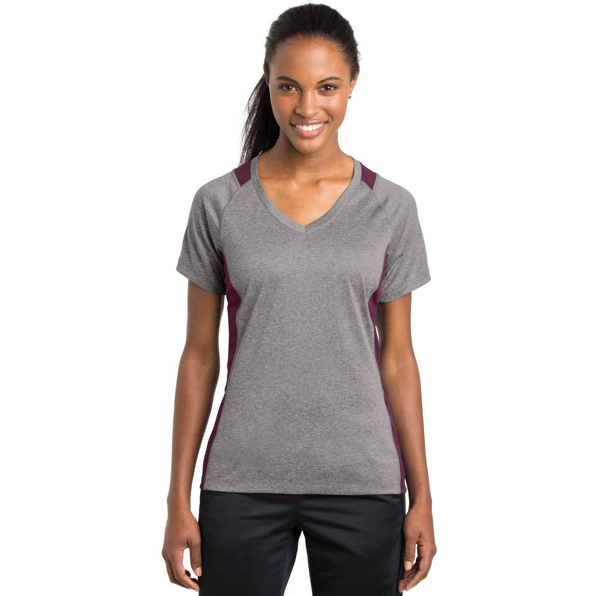 no-logo  Sport-Tek Ladies Heather Colorblock Contender V-Neck Tee-Active-Sport-Tek-Vintage Heather/Maroon-S-Thread Logic